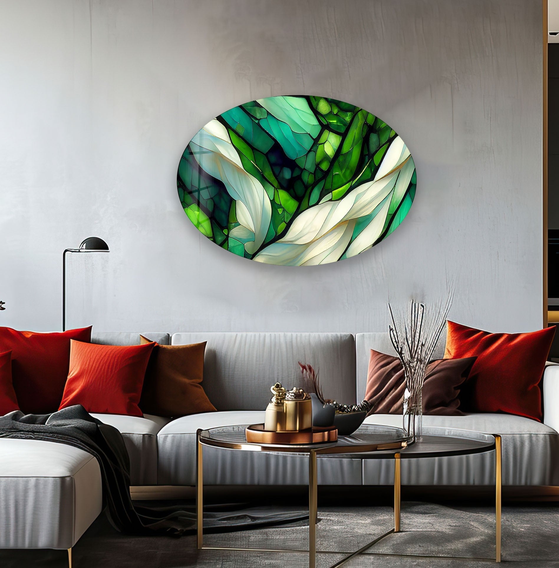 Handmade Asymmetric Oval Stained Green Fractal Glass Wall Art - Modern Abstract Home Decor for Living Room, Bedroom & Office