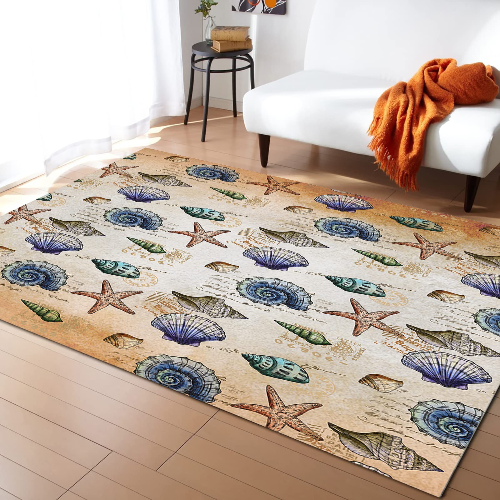 5' x 7' Navy Blue Non-Slip Washable Area Rug - Modern Retro Beach Shell Starfish Coral Design - Soft Floor Carpet for Living Room Bedroom Dining Room - Perfect for Coastal Decor & Vacation Home Style