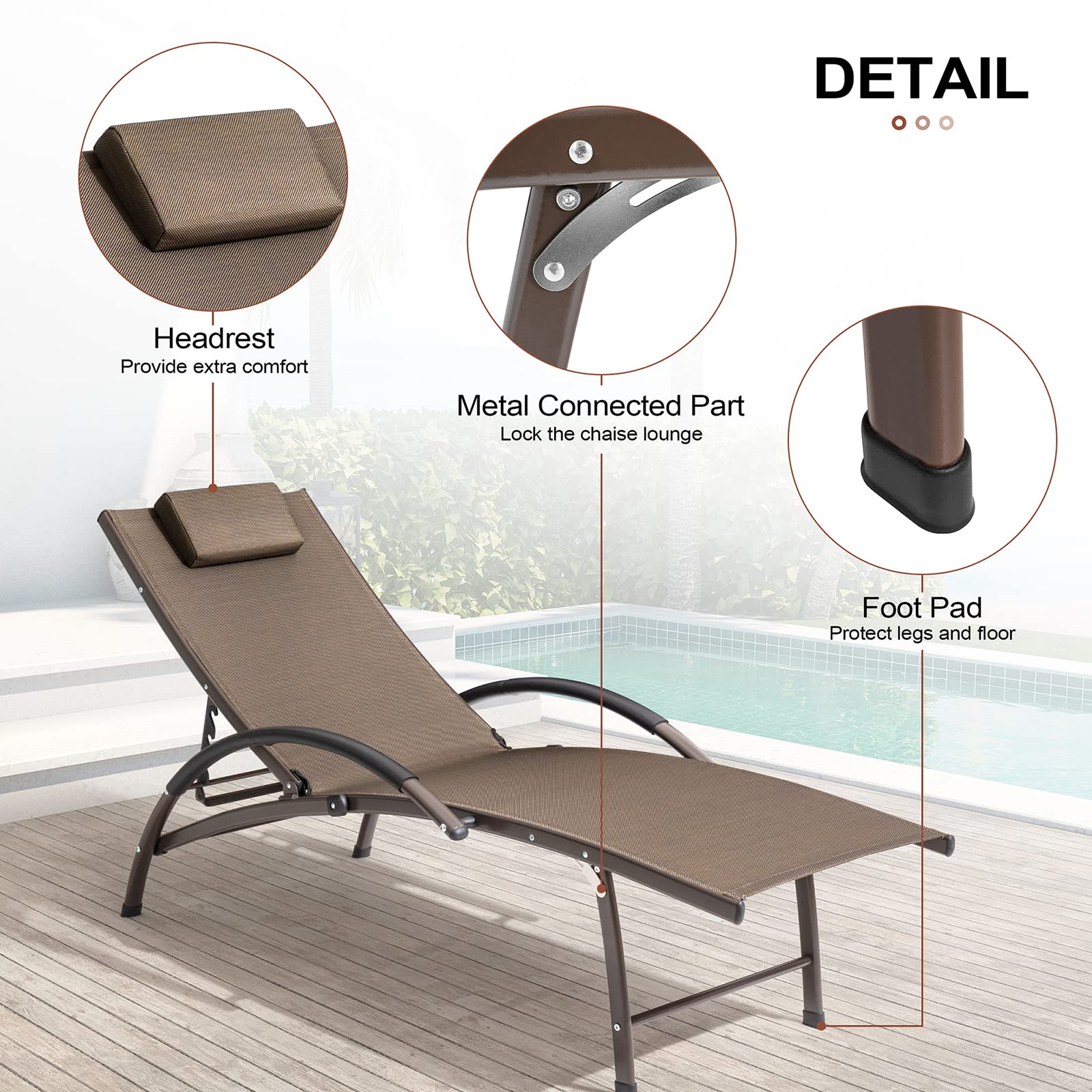 2PCS Aluminum Chaise Lounge Chairs with Side Table - Adjustable 5-Position Recliner for Outdoor, Beach, Patio, Pool & Yard - Lightweight & Durable Sunbathing Chairs for Lawn, Garden & Backyard Relaxation