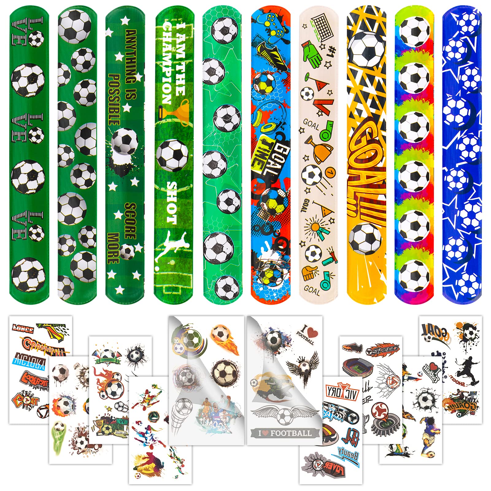 30Pcs Soccer Slap Bracelets Party Favors with Tattoo - Bulk Snap Bands for Kids Birthday Party Decorations & Sports Themed Gifts - Perfect for Team Events, School Rewards and Game Day Favors