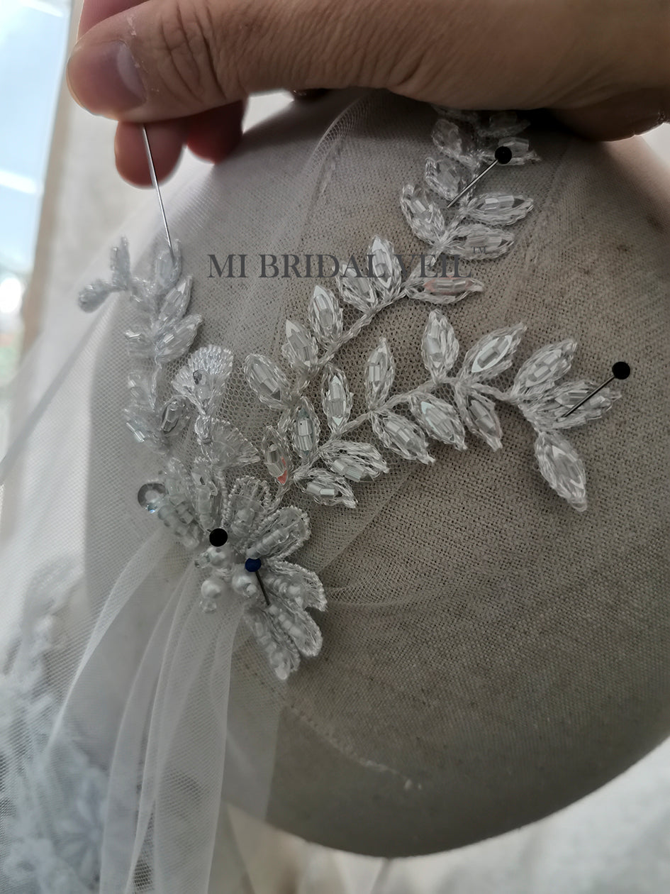 Elegant Juliet Cap Veil with Beaded Flower Lace - Vintage Style Boho Bridal Headpiece for Wedding Ceremony & Photoshoot