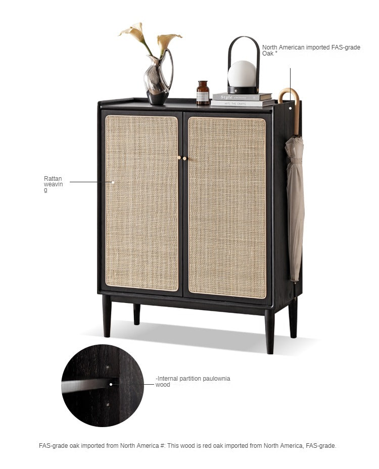 Oak Solid Wood Rattan Shoe Cabinet with Smoky Finish - Stylish Entryway Storage Organizer for Hallway, Living Room & Bedroom
