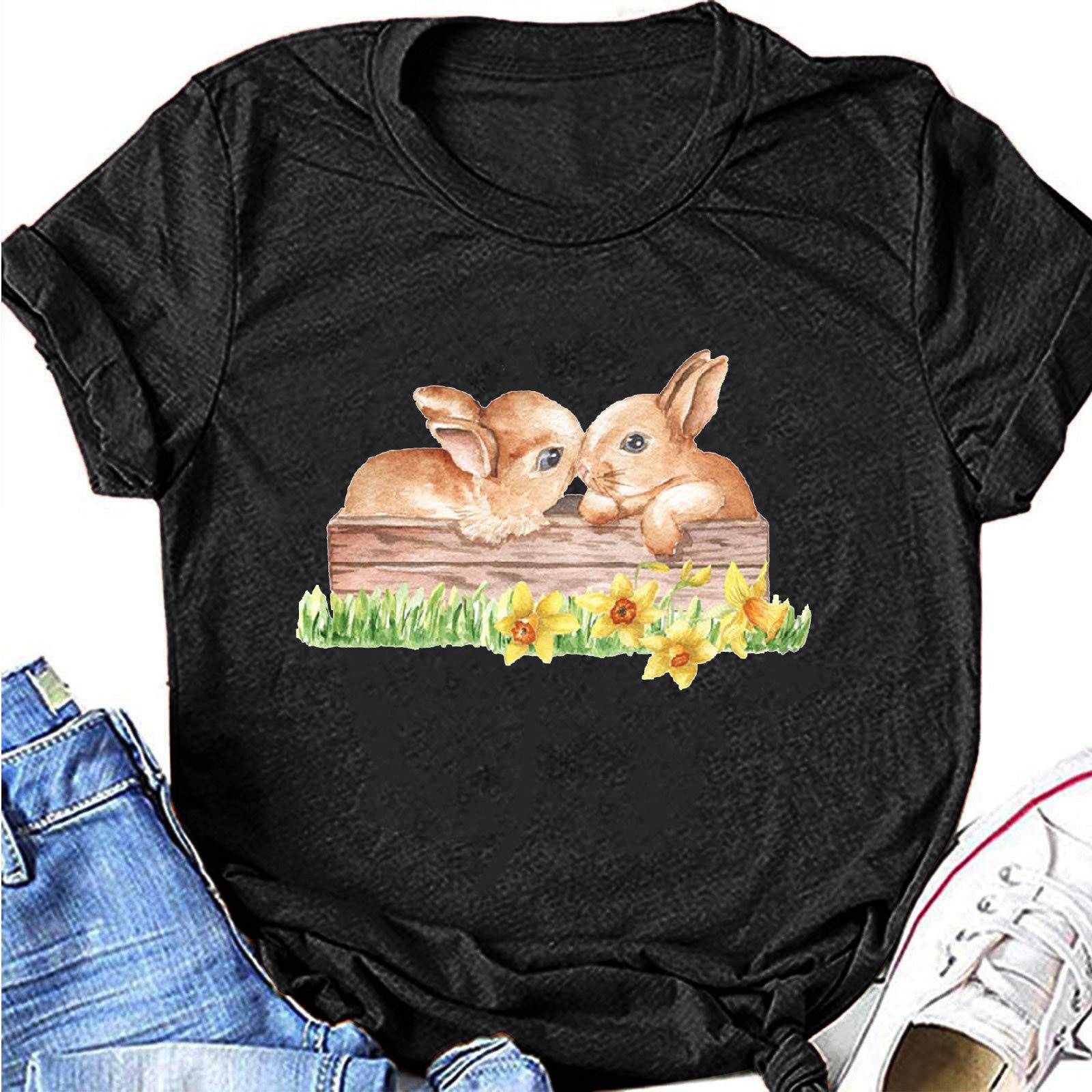 Easter Bunny Graphic T-Shirt for Women - Cute Rabbit Printed Short Sleeve Spring Top | Casual Wear for Easter Celebrations, Family Gatherings & Spring Outfits