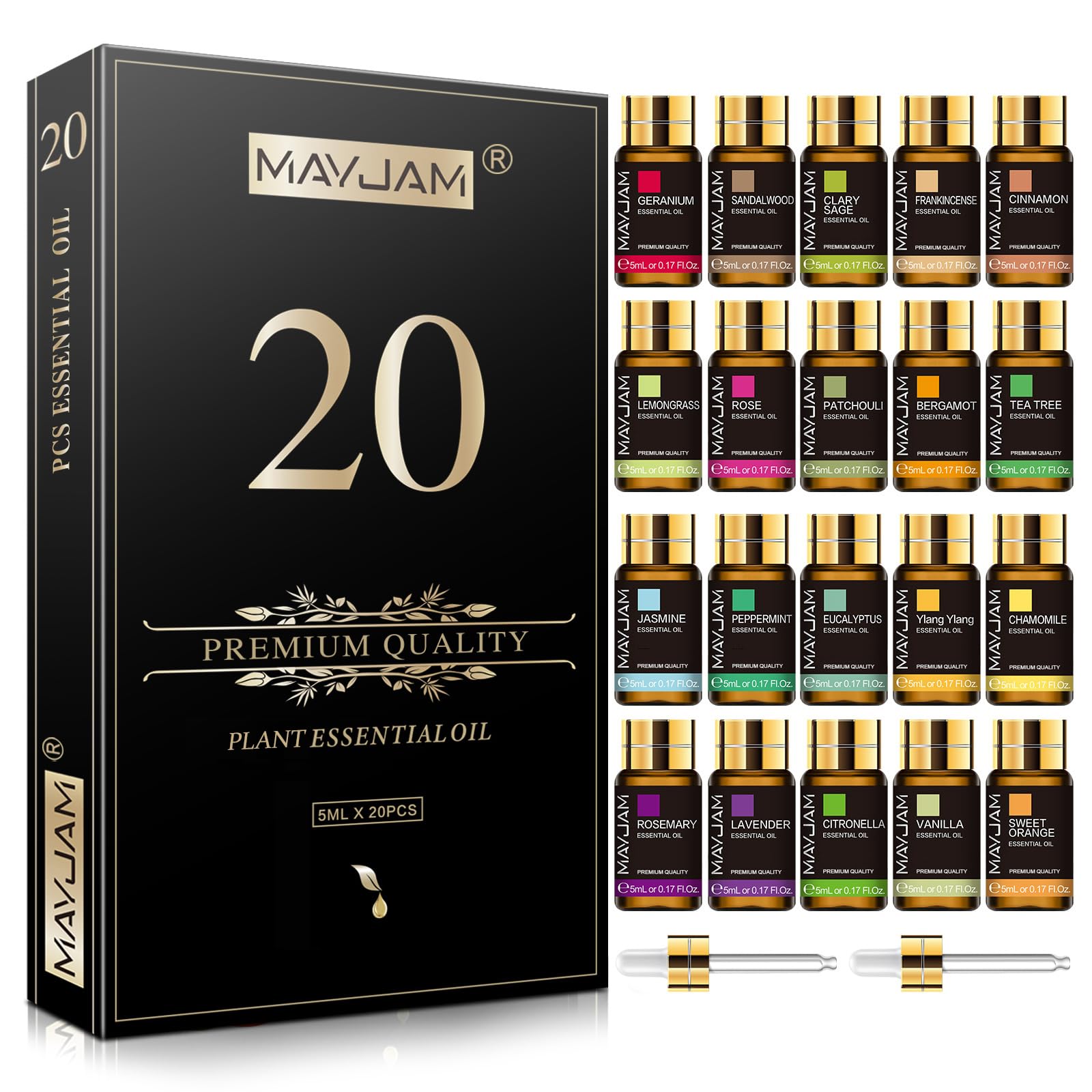 MAYJAM Top 20 Pure Essential Oil Set - Premium Grade Aromatherapy Oils for Diffusers, Candle Making, Skin & Hair Care | Relaxation, Spa, Massage & Home Fragrance