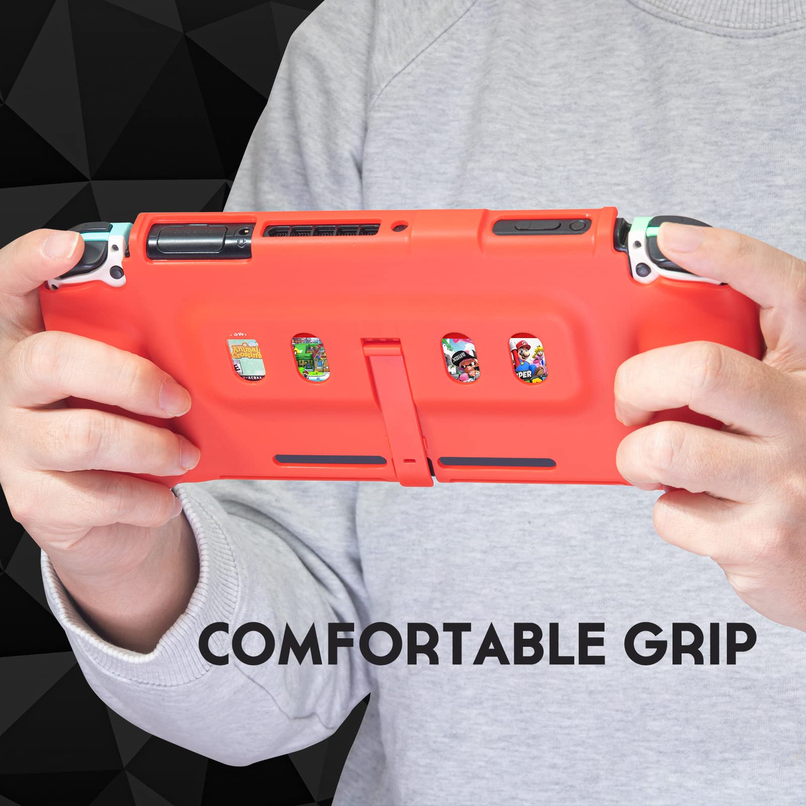 Premium Red Protective Grip Case for Nintendo Switch OLED - Shockproof Cover with Built-in Game Card Storage & Adjustable Kickstand | Perfect for Gaming On-The-Go, Travel Protection, and Enhanced Handheld Play