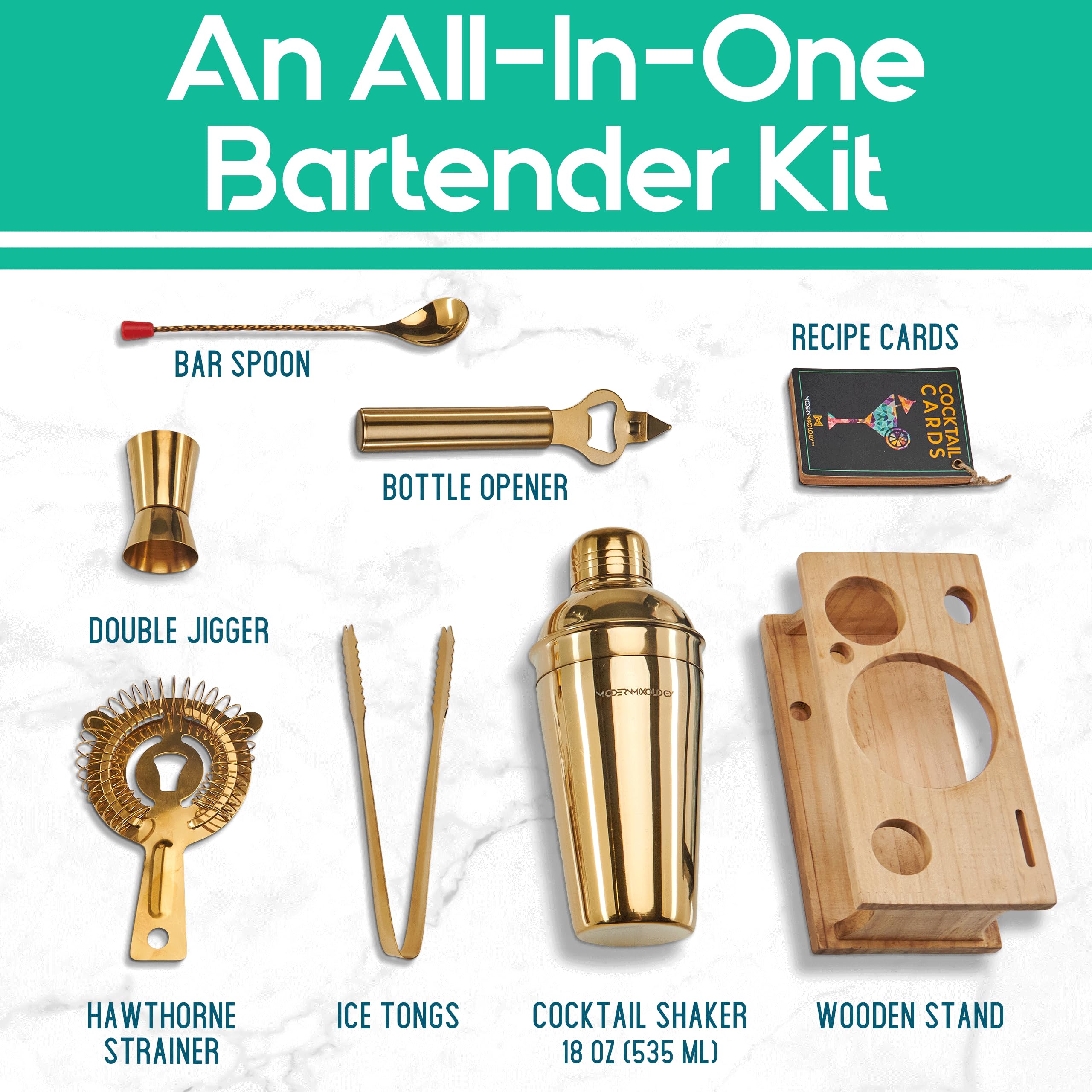 8-Piece Gold Cocktail Shaker Set with Pine Wood Stand, Recipe Cards & Bar Accessories - Premium Mixology Kit for Home Bartending & Party Hosting