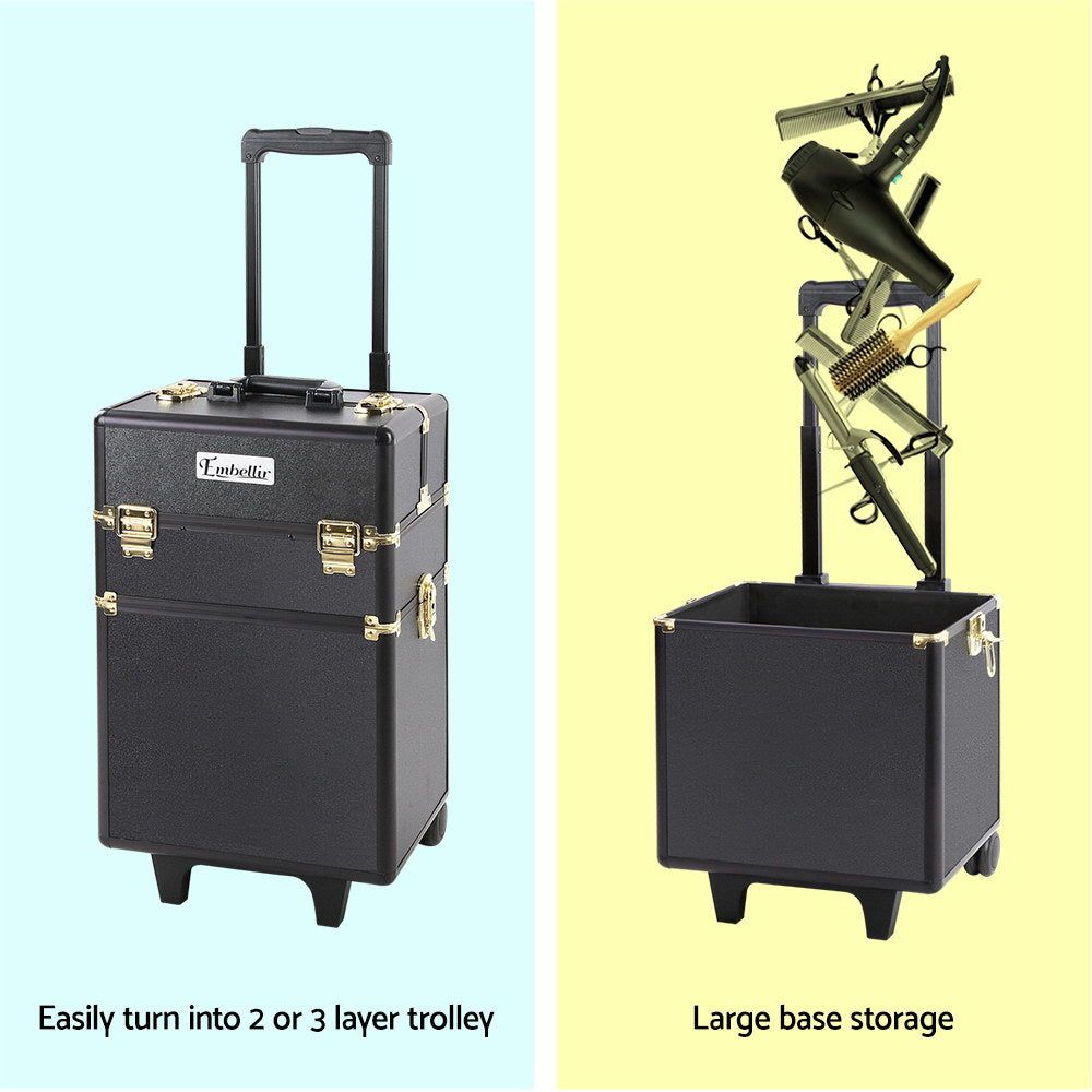 Embellir Professional Makeup Case Beauty Trolley - Gold Cosmetic Organizer with Wheels for Travel, Salon & Home Storage | Portable Makeup Storage for Artists & Beauty Enthusiasts
