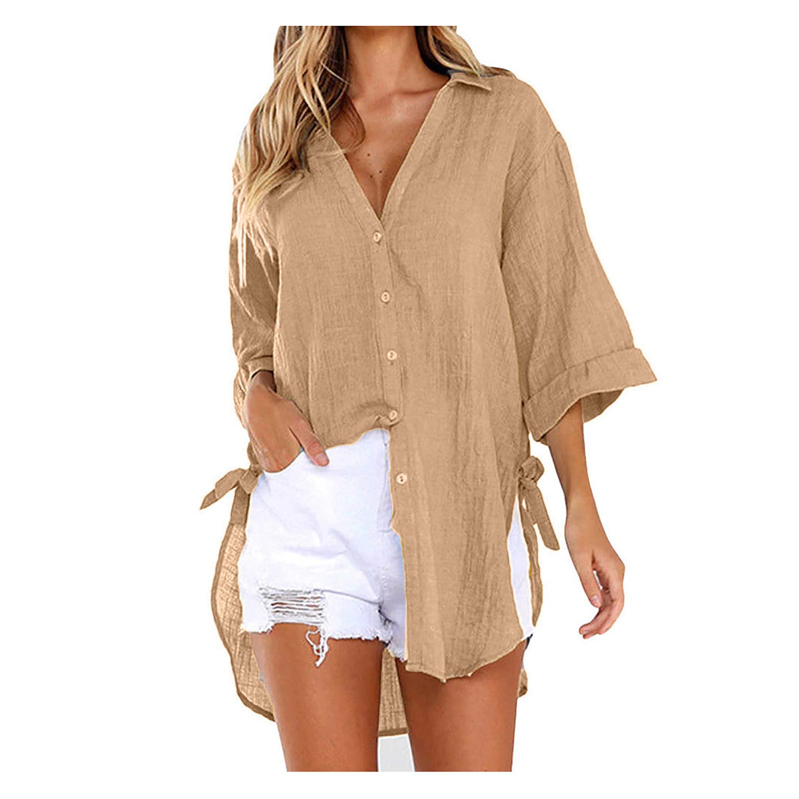 Women's Plus Size Boyfriend Button Down Shirt - Loose Fit 3/4 Sleeve Cotton Linen Blouse Tunic Top for Casual Wear, Office & Date Night Outfits
