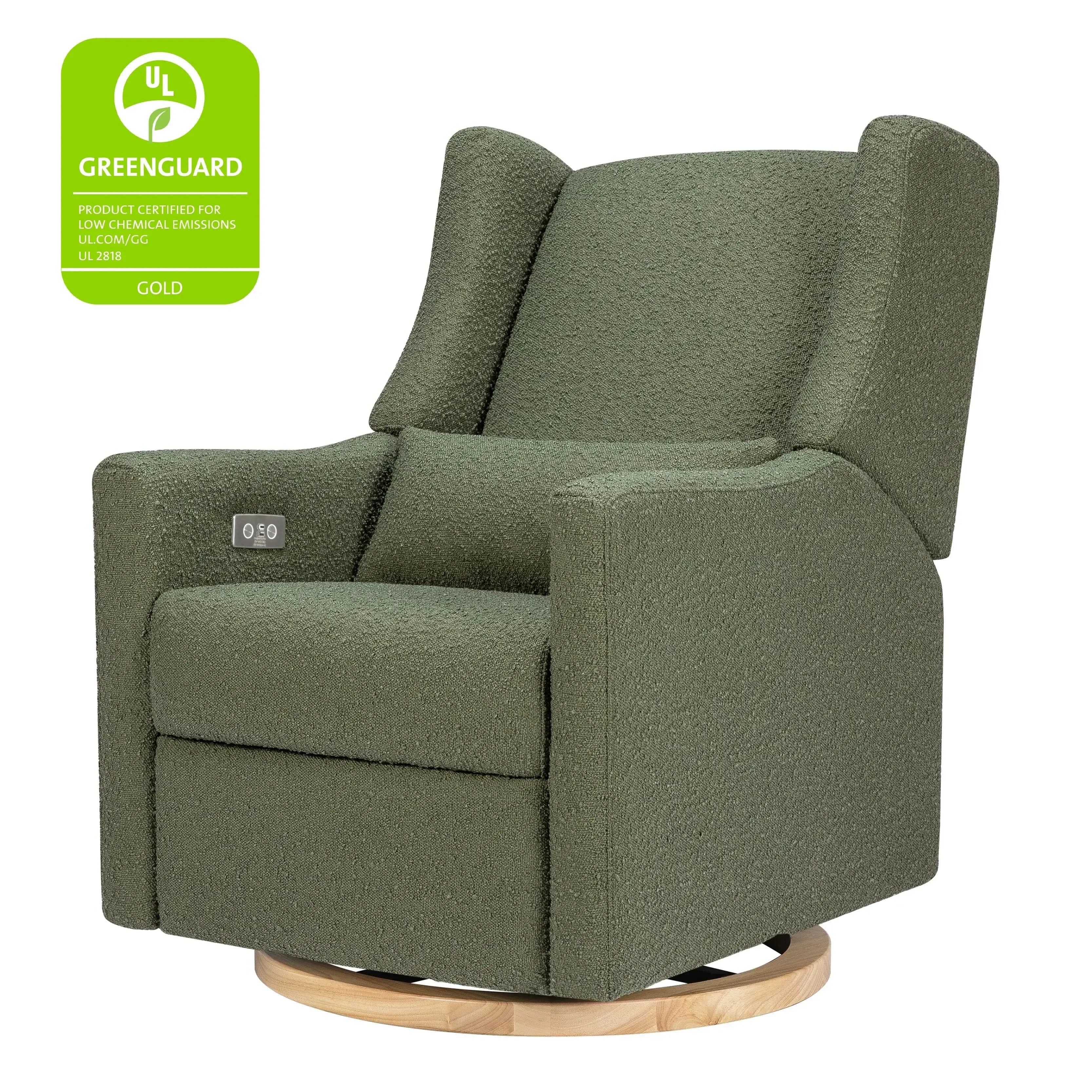 Babyletto Kiwi Electronic Glider Recliner Chair - Luxe Olive Boucle Fabric with Light Wood Base for Nursery, Breastfeeding & Relaxation