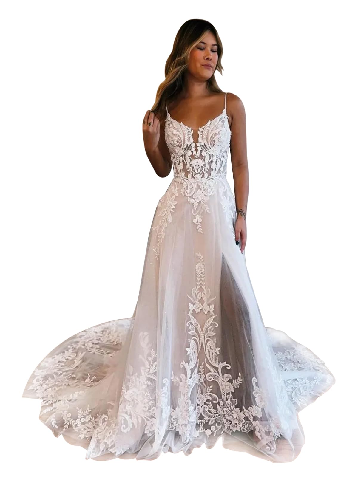 OFEECHUN Women's Lace Applique Beach Wedding Dress - Elegant V-Neck Tulle Bridal Gown with Thigh Slit for Bride | Perfect for Beach Weddings, Destination Elopements & Romantic Photoshoots