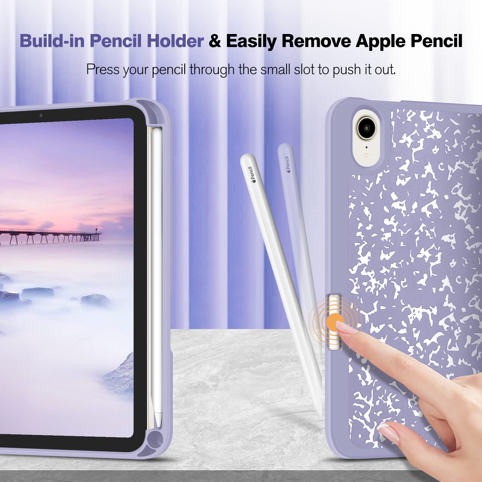 Fintie SlimShell Case for iPad Mini 7 (A17 Pro, 7th Generation 2024) & iPad Mini 6 (6th Gen 8.3 Inch) - Soft TPU Protective Stand Cover with Built-in Pencil Holder, Composition Lilac - Perfect for Work, School, and Travel