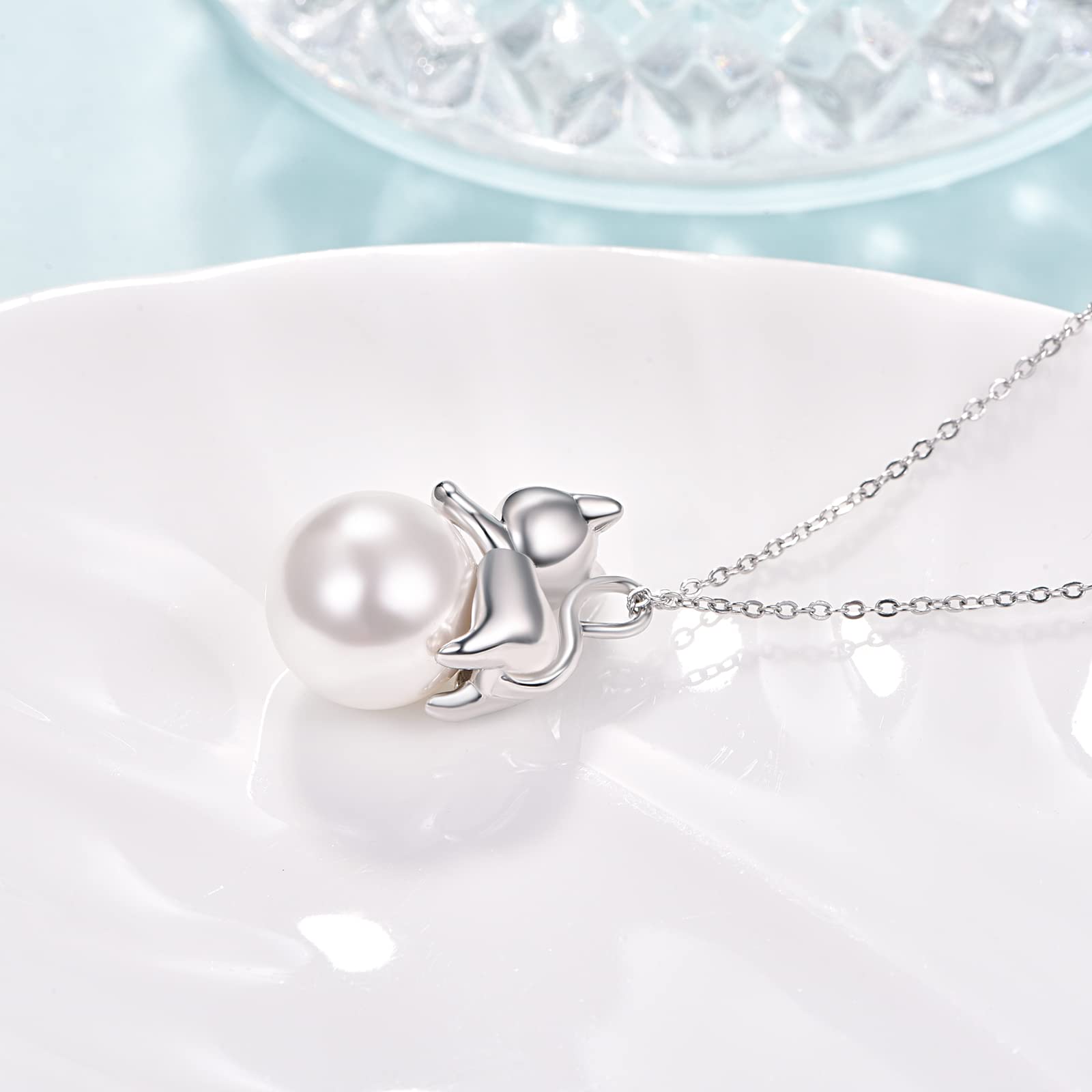 DreamBoat Cat Pearl Necklace for Women - 925 Sterling Silver Kitten Pendant Jewelry | Elegant Animal-Themed Gift for Cat Lovers, Birthday & Anniversary