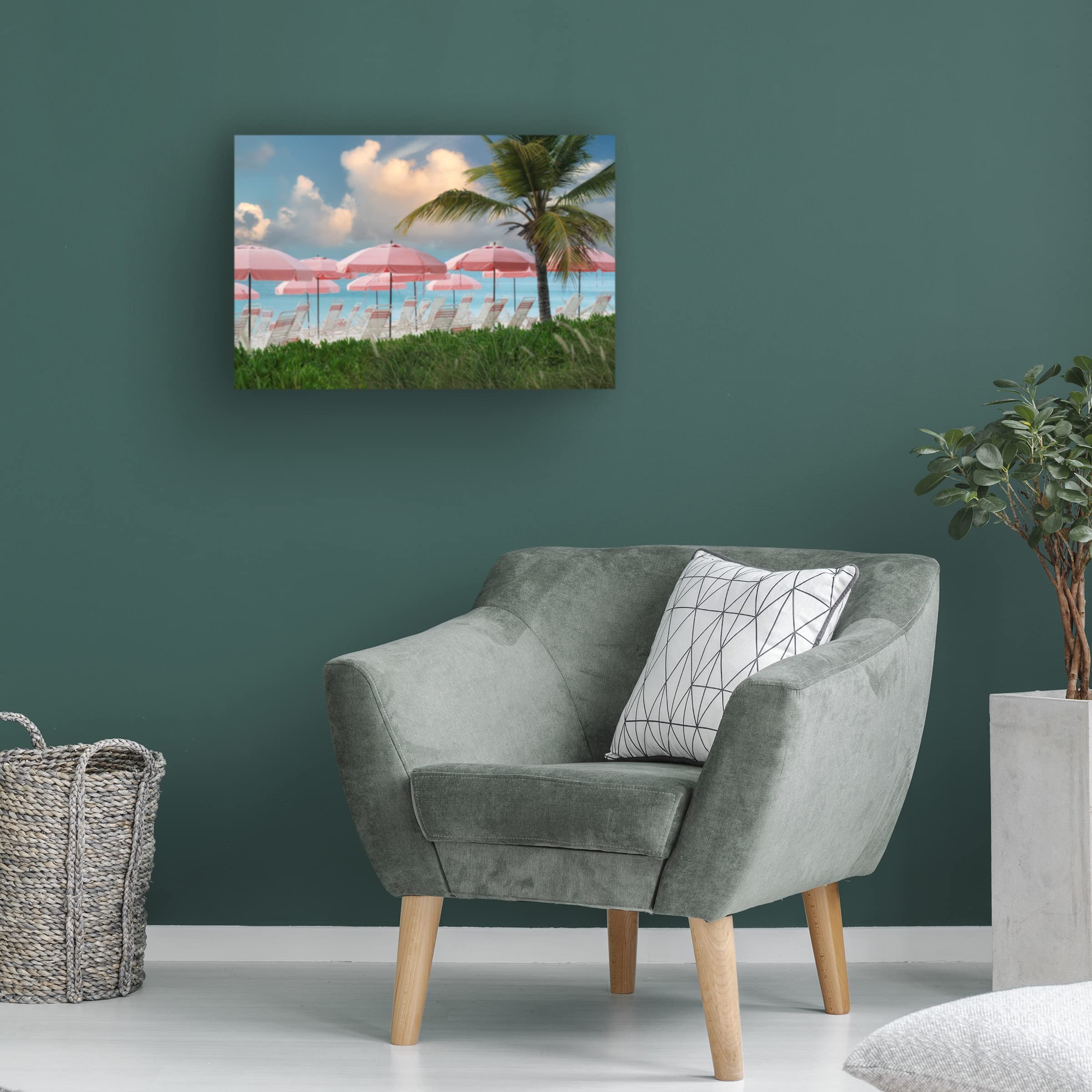 Pink Beach Umbrellas Canvas Wall Art Print by Dennis Frates - Coastal Decor for Living Room, Bedroom & Office - Vibrant Seascape Painting for Beach House & Vacation Home Decor