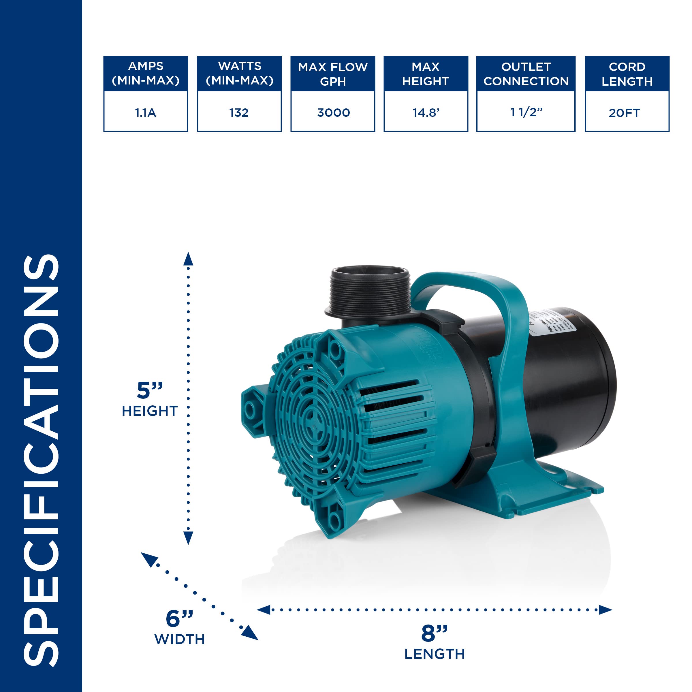 Alpine Corporation 3000 GPH Energy Efficient Water Pump - Submersible Pond Pump for Fountains, Waterfalls, Aquariums & Hydroponics | Perfect for Outdoor Garden Ponds & Indoor Water Features