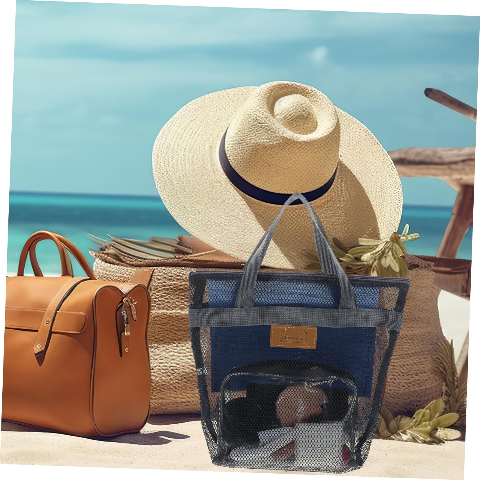 NOLITOY Large Mesh Beach Bag for Women - 2 Pack Waterproof Zippered Tote with Handle for Travel, Pool, Gym & Outdoor Activities | Portable Toiletry & Shopping Bag for Summer Vacation
