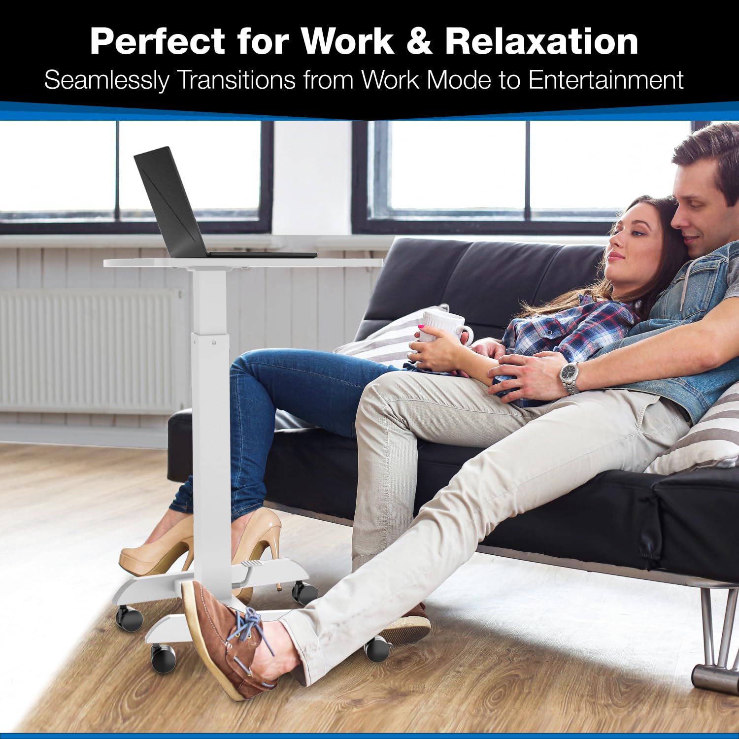 Mount-It! Adjustable Height Rolling Laptop Desk (29.6”-44.2”) - Mobile Workstation Cart with 23.6” x 20.5” Desktop, Ergonomic Sit-Stand Computer Table for Home Office, Classroom & Small Spaces - Perfect for Remote Work, Online Learning & Compact Workspaces (White)