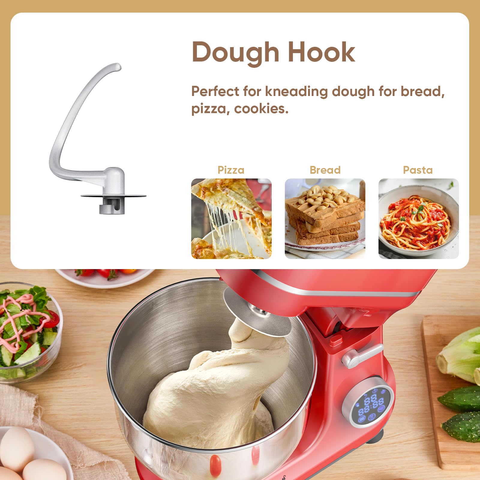 BioloMix 1200W Stand Mixer with 11-Speed Tilt Head & Digital OLED Screen - Includes Dough Hook, Flat Beater, Whisk (Red) - Perfect for Baking Cakes, Cookies, Bread & More in Your Kitchen
