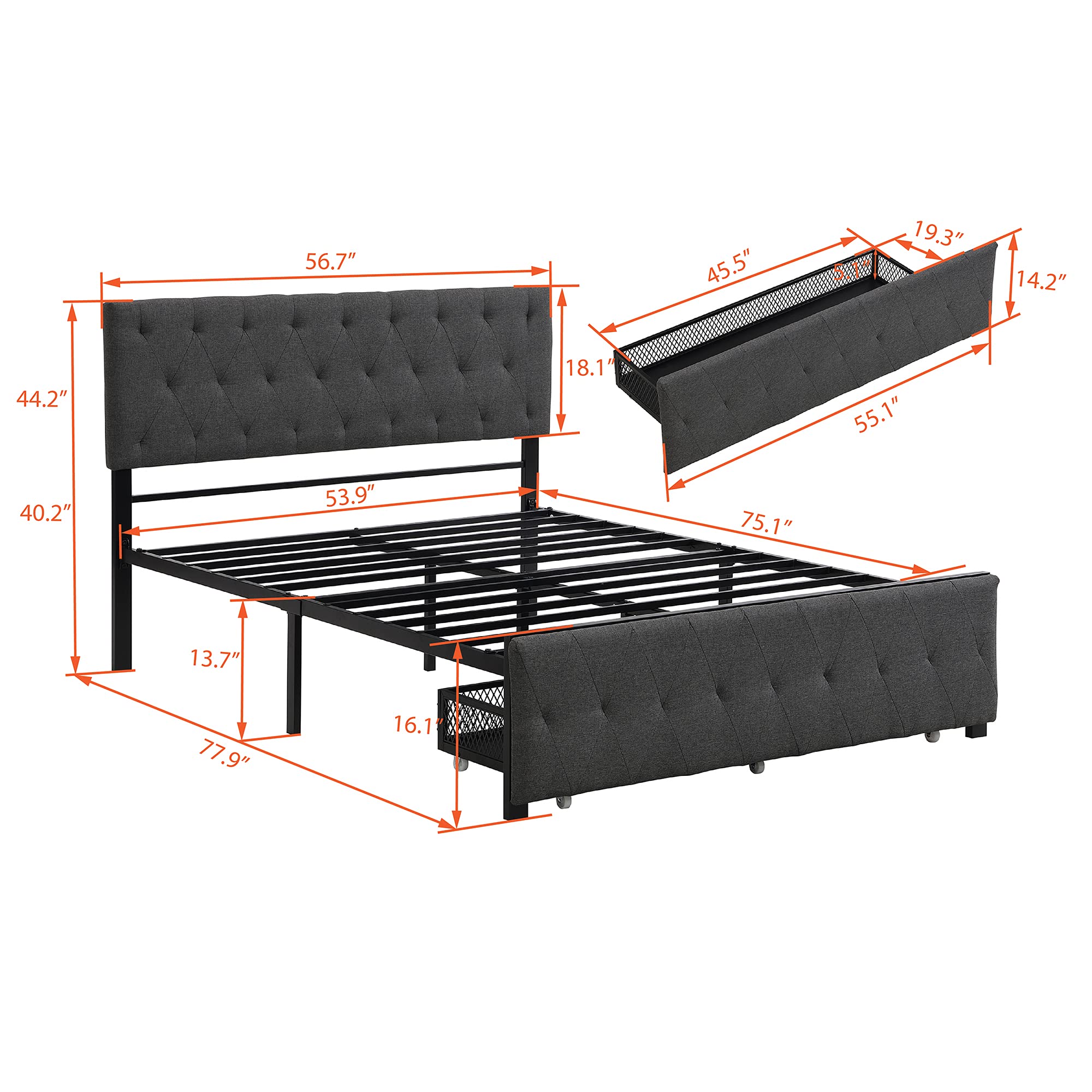 Knocbel Full Size Metal Platform Bed Frame with Linen Upholstered Headboard & Storage Drawers - 13 Heavy Duty Slats, No Box Spring Needed - Sturdy Mattress Foundation for Bedroom, Guest Room, Dorm - Easy Assembly Modern Bed Frame with Underbed Storage