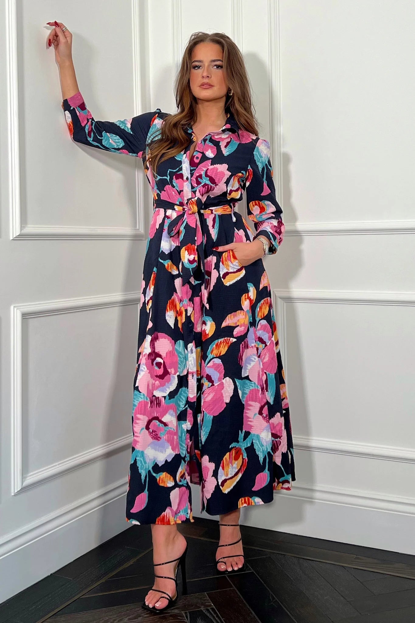 ANGELA Floral Print Shirt Dress for Women - Navy & Purple Summer Dress - Perfect for Casual Outings, Beach Vacations, and Office Wear