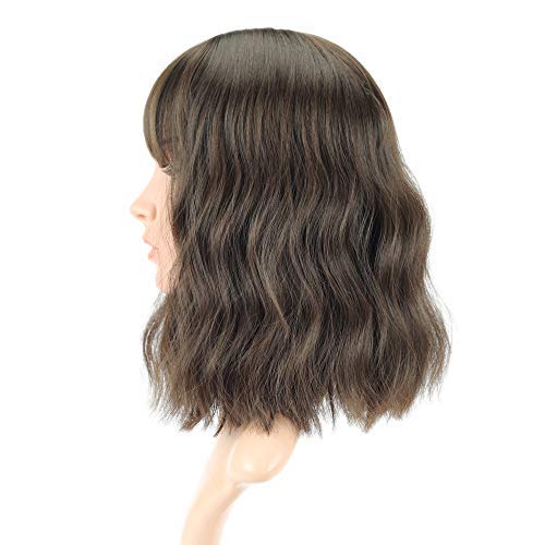 FAELBATY Short Brown Wigs with Bangs - Shoulder Length Synthetic Curly Wavy Wig for Women & Girls - Natural Black Dark Brown Mix (12