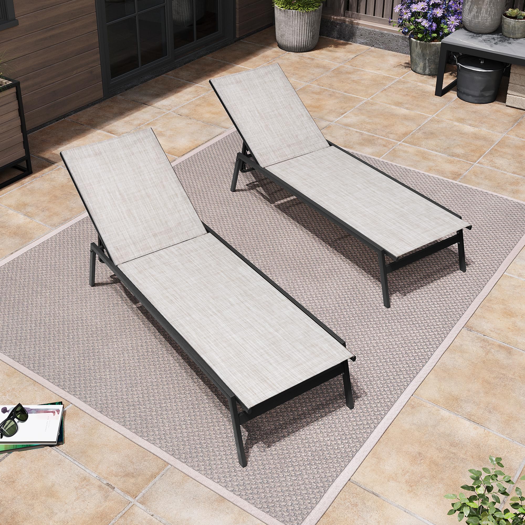 Pellebant Outdoor Lounge Chairs Set of 2 - Adjustable Backrest Patio Chaise Lounges, Rustproof Poolside Sunbathing Chairs for Deck, Beach & Backyard (2-Piece, Beige) | Perfect for Relaxing by the Pool, Garden or Outdoor Spaces