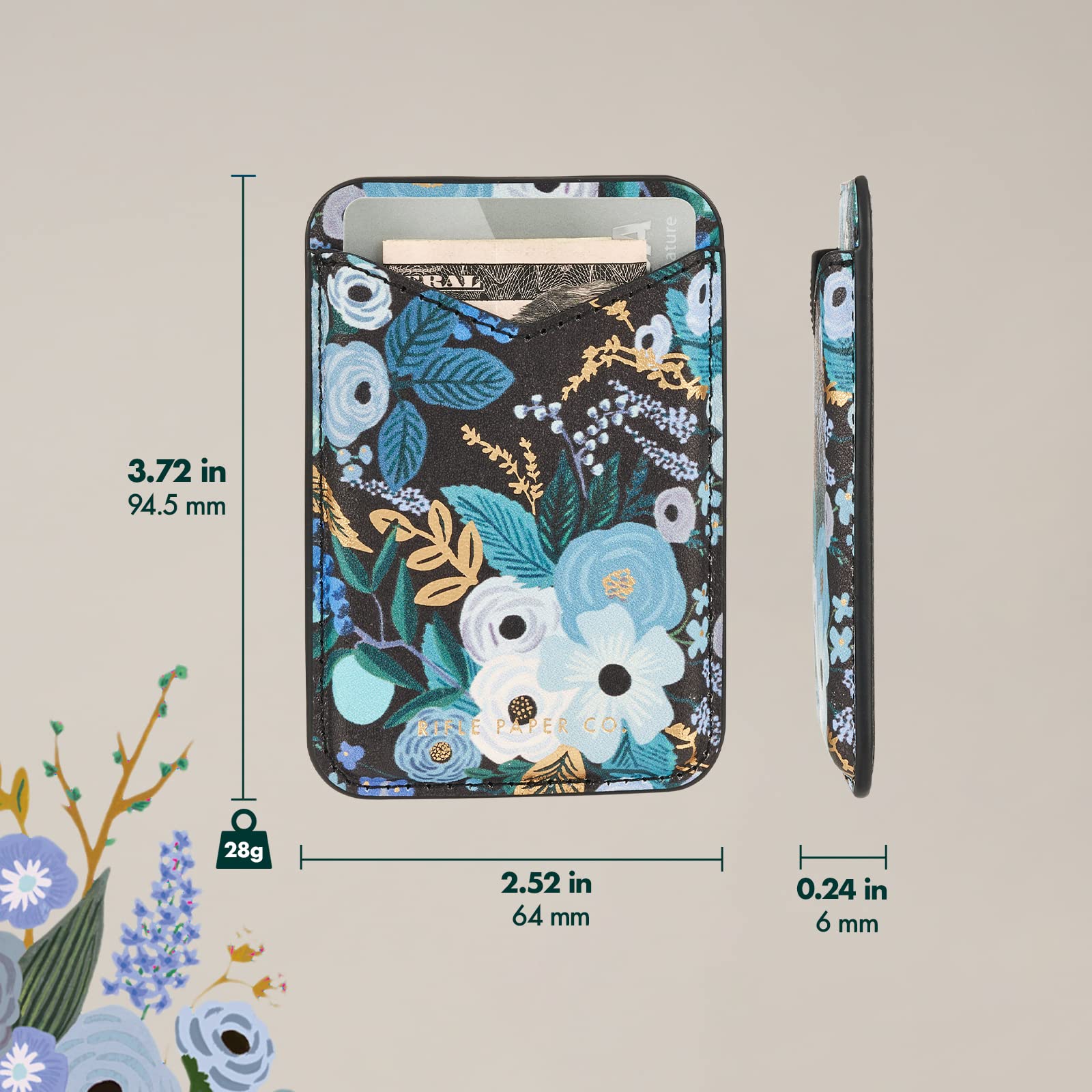 Rifle Paper Co. Magnetic Wallet for iPhone 16 Pro Max/15 Pro/14/13 - Vegan Leather MagSafe Card Holder (Holds 3 Cards) | Slim Detachable Phone Wallet | Garden Party Blue | Perfect for Everyday Use, Travel & Contactless Payments