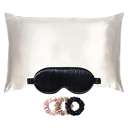 Luxury Silk Pillowcase & Sleep Accessories Set - Queen Size White Silk Pillowcase, Black Contour Eye Mask, 3-Pack Silk Scrunchies (Black, Pink, Caramel) for Hair Care & Beauty Sleep - Perfect for Nighttime Routine, Travel & Gift Giving