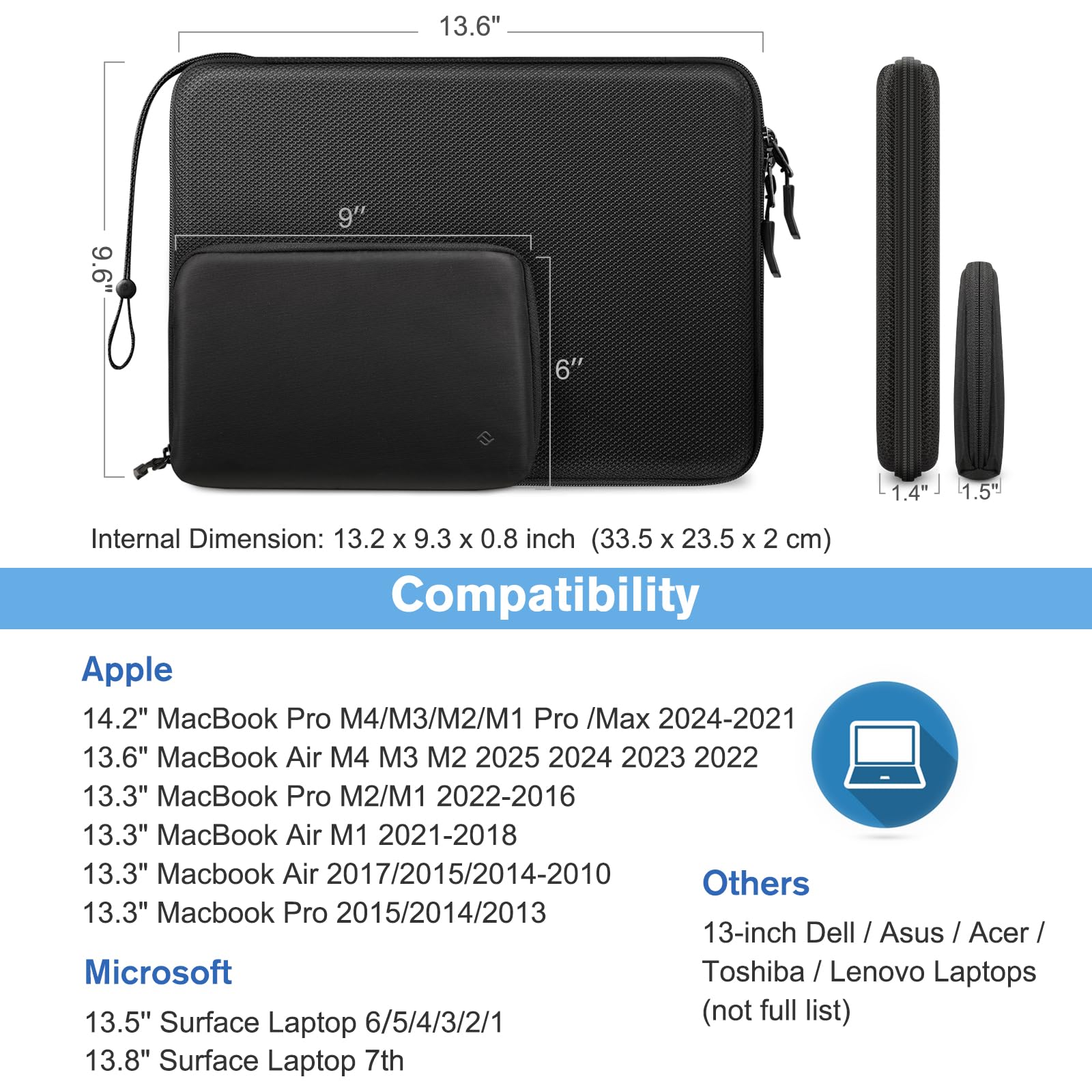 FINPAC 13-14 Inch Hard Laptop Sleeve with Accessory Pouch - Compatible with MacBook Air M4 2025/M3 2024, MacBook Pro M4/M3/M2 & Surface Laptop - Waterproof Protective Case (Black) - Perfect for Travel, Office & School Use
