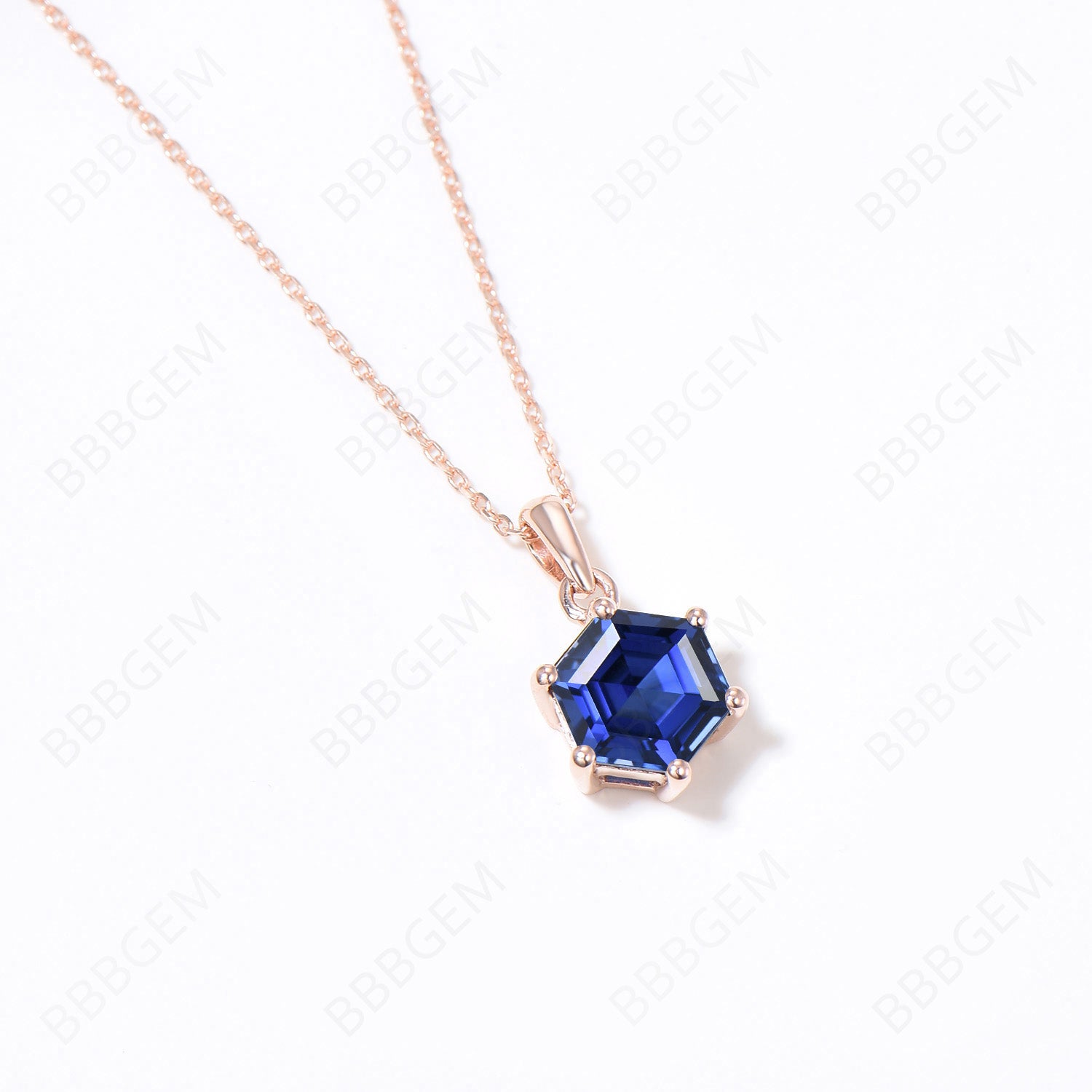 14K/18K Rose Gold Vintage Hexagon Cut Blue Sapphire Solitaire Necklace - September Birthstone Jewelry for Wedding, Anniversary & Special Occasions