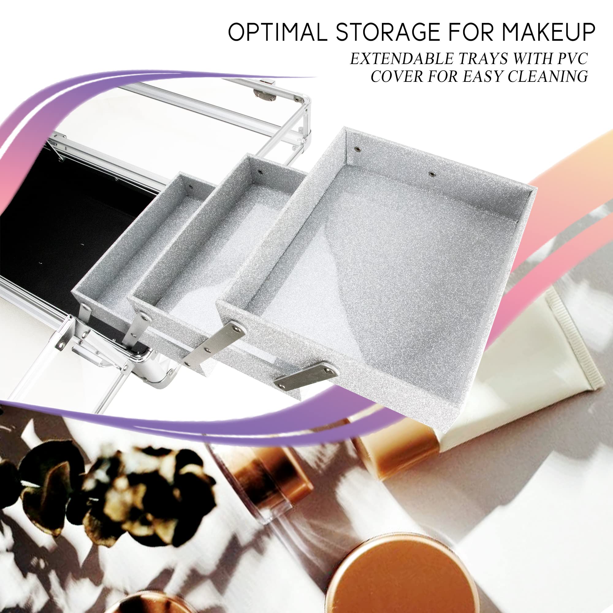 Ver Beauty 14-Inch Large Acrylic Makeup Train Case - Professional Portable Cosmetic Organizer with 6 Trays, Brush Holder & Jewelry Storage for Makeup Artists, Nail Kits & Crafts | Perfect for Travel, Salon & Home Display (Silver)
