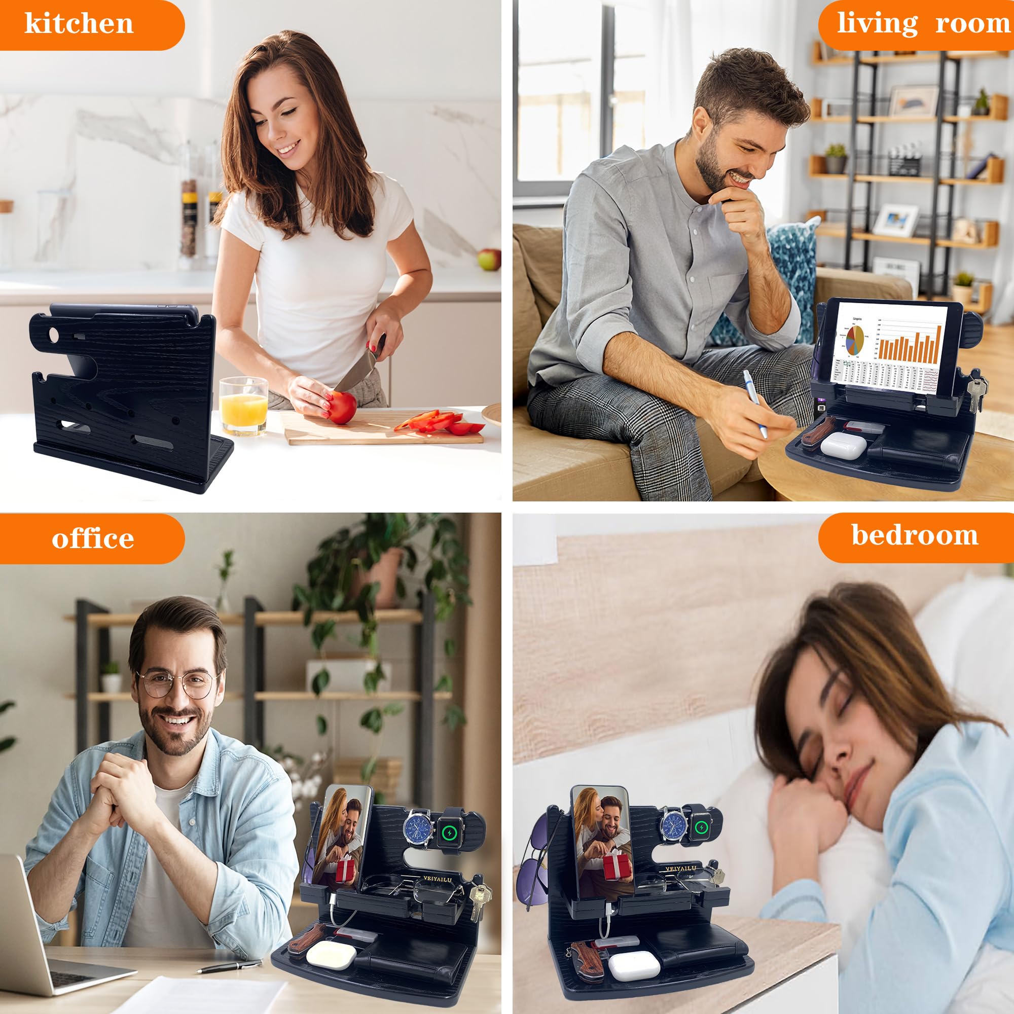 Wooden Nightstand Organizer & Phone Dock Station - Perfect Gift for Men, Dad, Husband, Boyfriend - Birthday, Anniversary, Father's Day Present - Ideal for Bedside, Office, or Travel (Black)