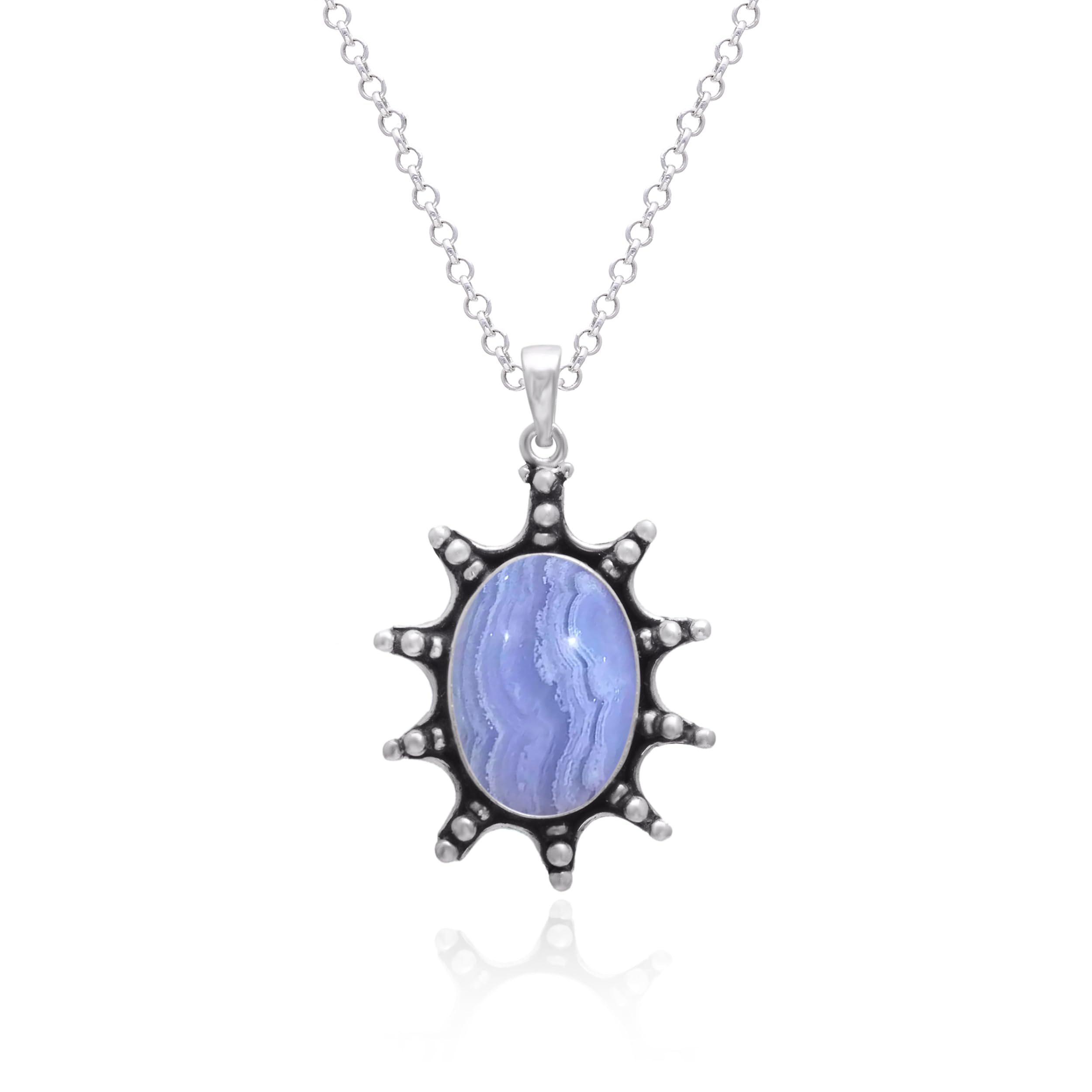 925 Sterling Silver Blue Lace Agate Pendant Necklace for Women - 18 Inch Handmade Gemstone Jewelry with Chain - Elegant Fashion Statement for Office, Date Night & Special Occasions