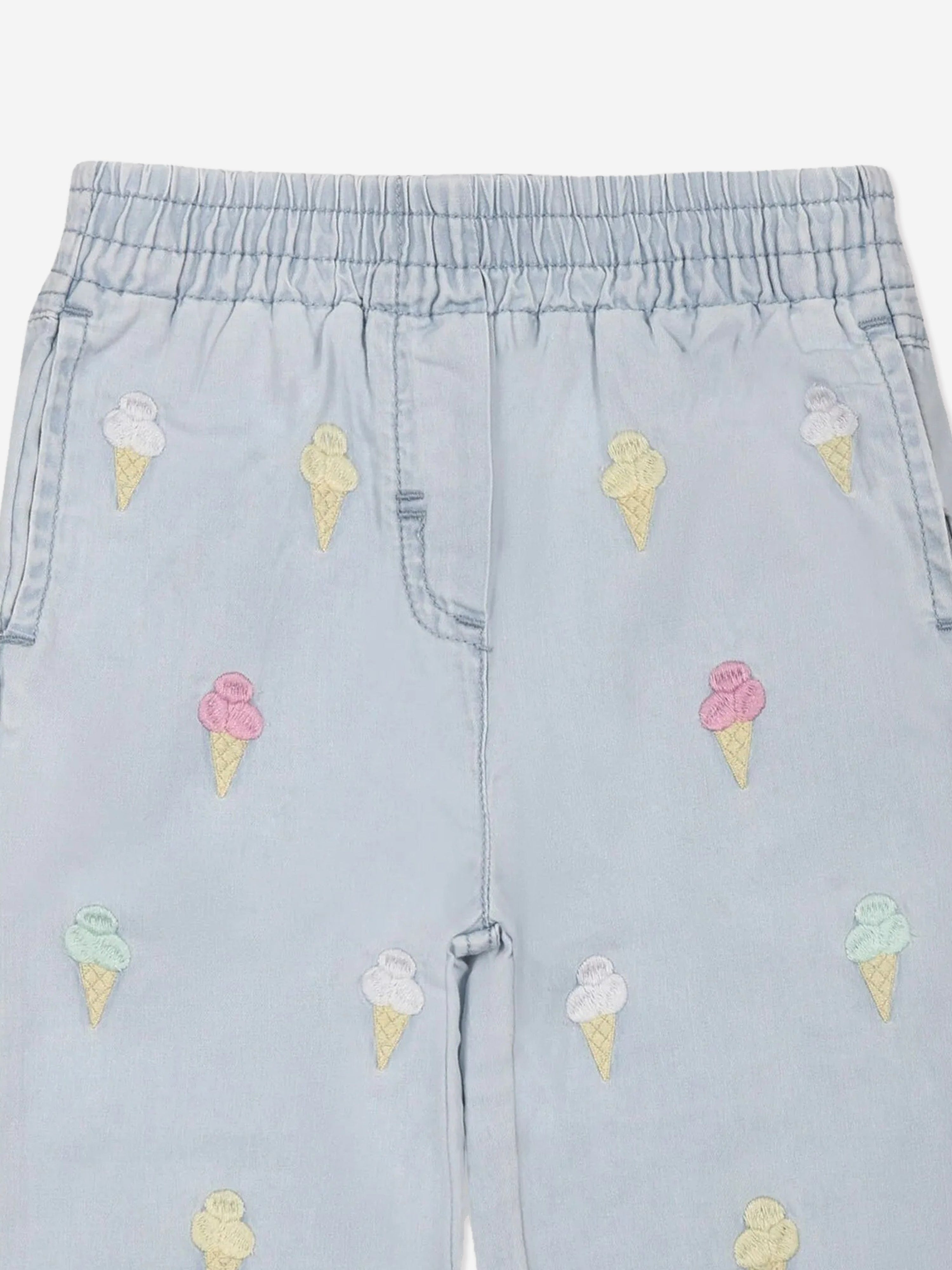 Adorable Baby Girls' Embroidered Ice Cream Print Cotton Pants - Soft Blue Casual Trousers for Toddler Playtime & Photo Shoots
