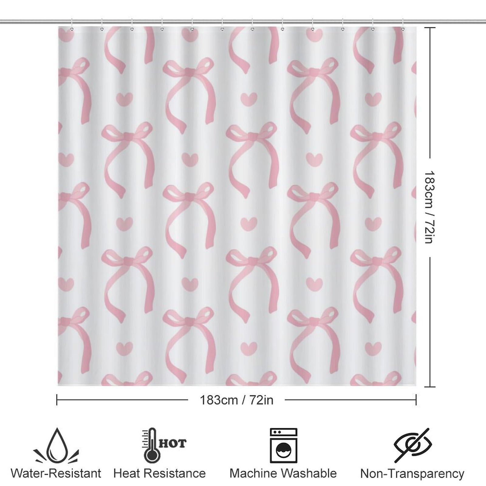 4PCS Pink Ribbon Bow Shower Curtain Set with Non-Slip Bath Mat, Toilet Lid Cover & U-Shaped Rug - 72