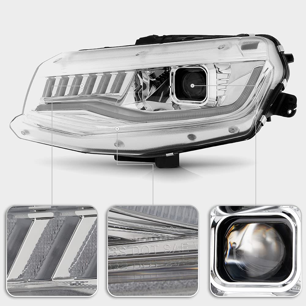 ACANII Chrome LED Tube with Sequential Signal Projector Headlights for 2016-2018 Chevy Camaro - Upgrade Halogen Model Headlamps for Enhanced Visibility & Style | Perfect for Night Driving & Car Customization