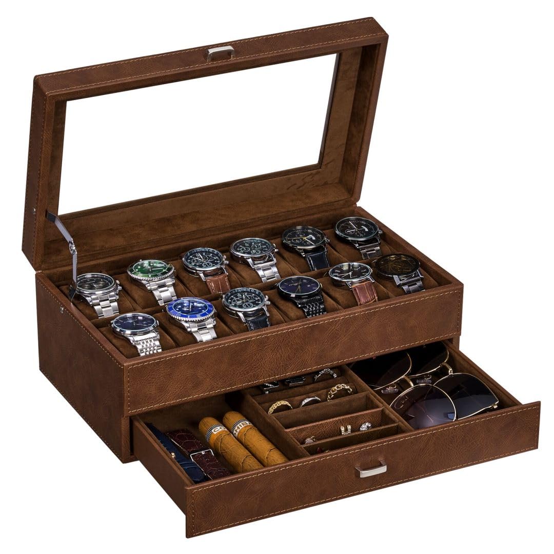 Luxury Watch Box for Men - Faux Leather Organizer with Jewelry Drawer & Glass Top | Perfect for Watch Collection & Gift Giving