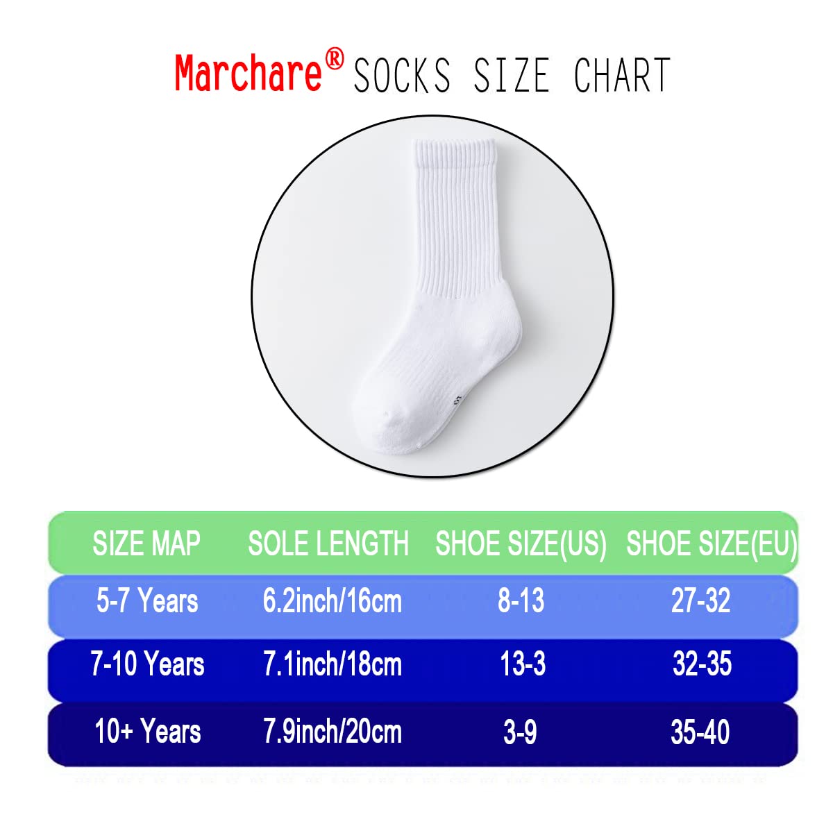 Marchare Boys & Girls Athletic Running Socks - 6 Pack Cushioned Crew Socks for Kids, Thick Cotton Comfort, Black/White - Perfect for Sports, School & Daily Wear