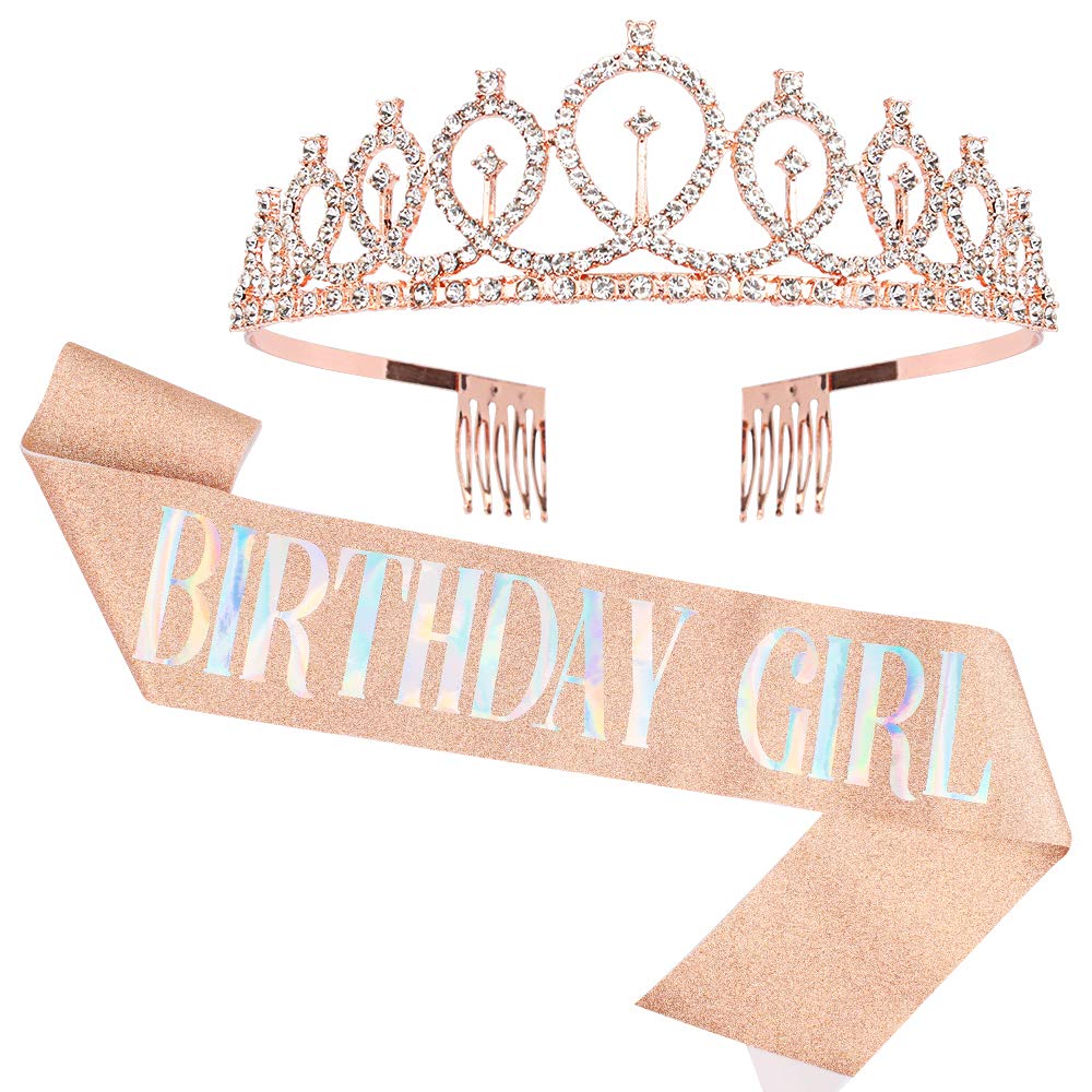 Rose Gold Rhinestone Birthday Tiara & Sash Set for Women & Girls - Sparkling Birthday Crown, Party Princess Accessories for Birthday Celebrations, Bridal Showers & Special Occasions