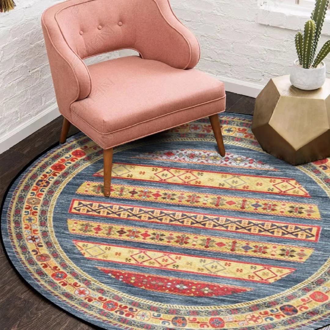 ZSSZO 5' Large Vintage Round Rug Pad - Colorful Moroccan Stripes Non-Slip Circle Area Rug for Living Room, Bedroom, Balcony | Boho Home Decor, Soft Floor Mat for Cozy Spaces