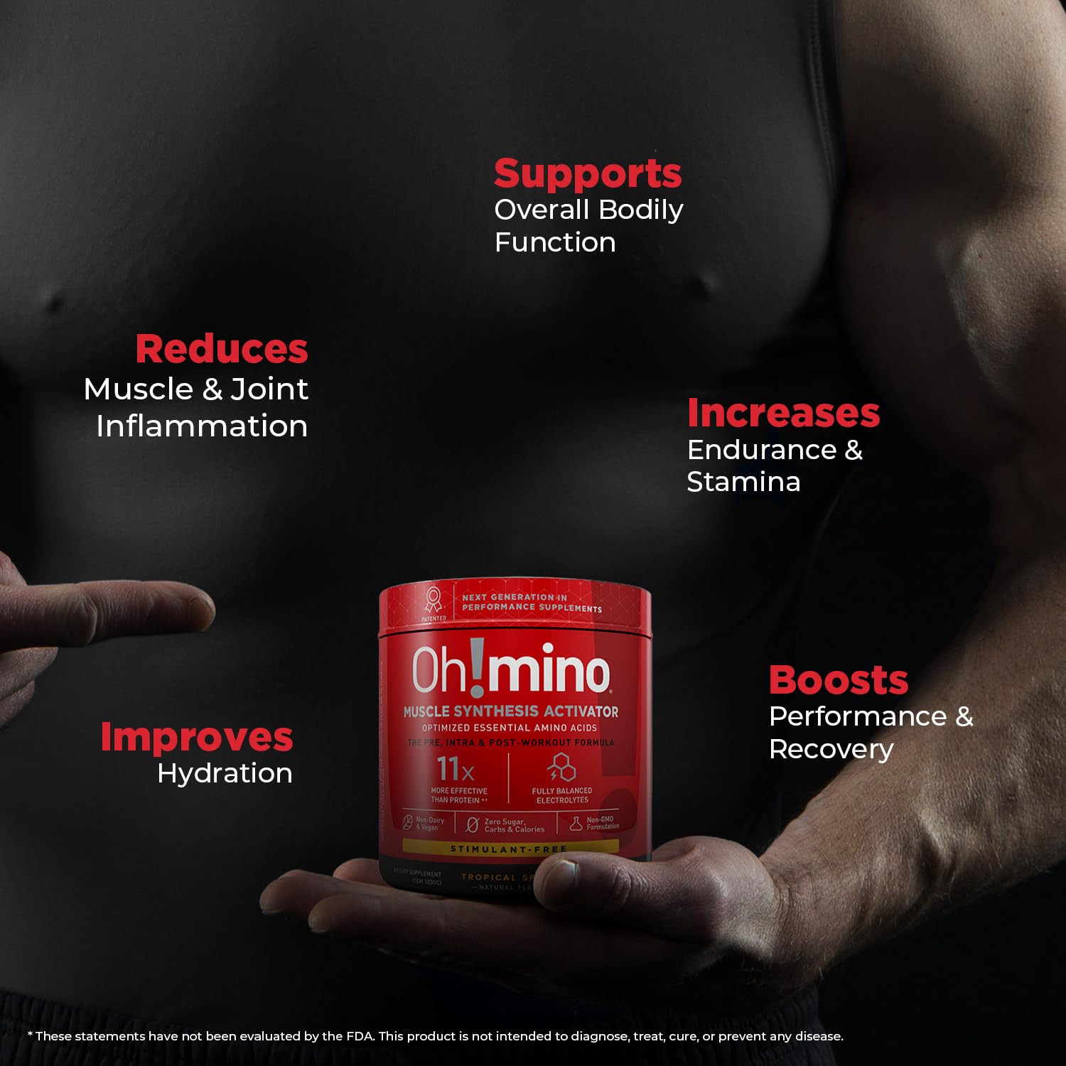 Oh!mino Amino Acids for Muscle Growth - BCAAs Powder Supplement for Pre & Post Workout, Vegan, Non-GMO, Zero Sugar & Low Carb - 40 Servings (Tropical Splash) - Ideal for Gym Training, Bodybuilding & Recovery