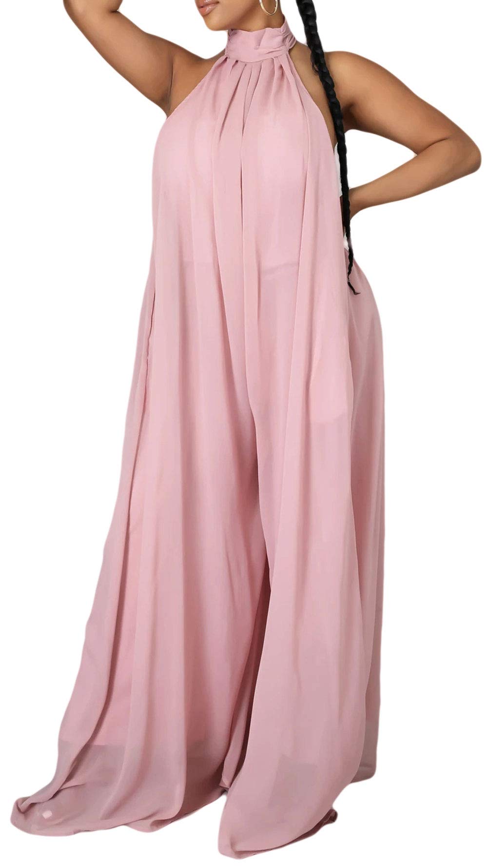 CHARTOU Women's Elegant Loose Fit Chiffon Halter Neck Backless Wide Leg Jumpsuit - Summer Beach Wedding Party Outfit for Vacation & Date Night