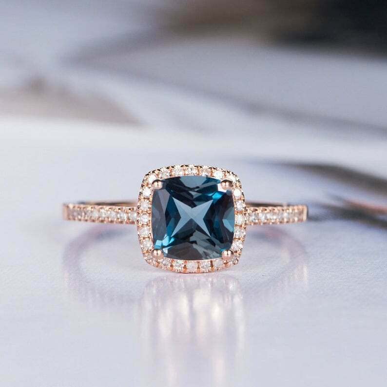 1.5ct Cushion Cut London Blue Topaz Engagement Ring for Women - Halo Rose Gold Plated Wedding Band, Anniversary Gift, Promise Ring - Perfect for Proposals, Bridal Jewelry & Special Occasions