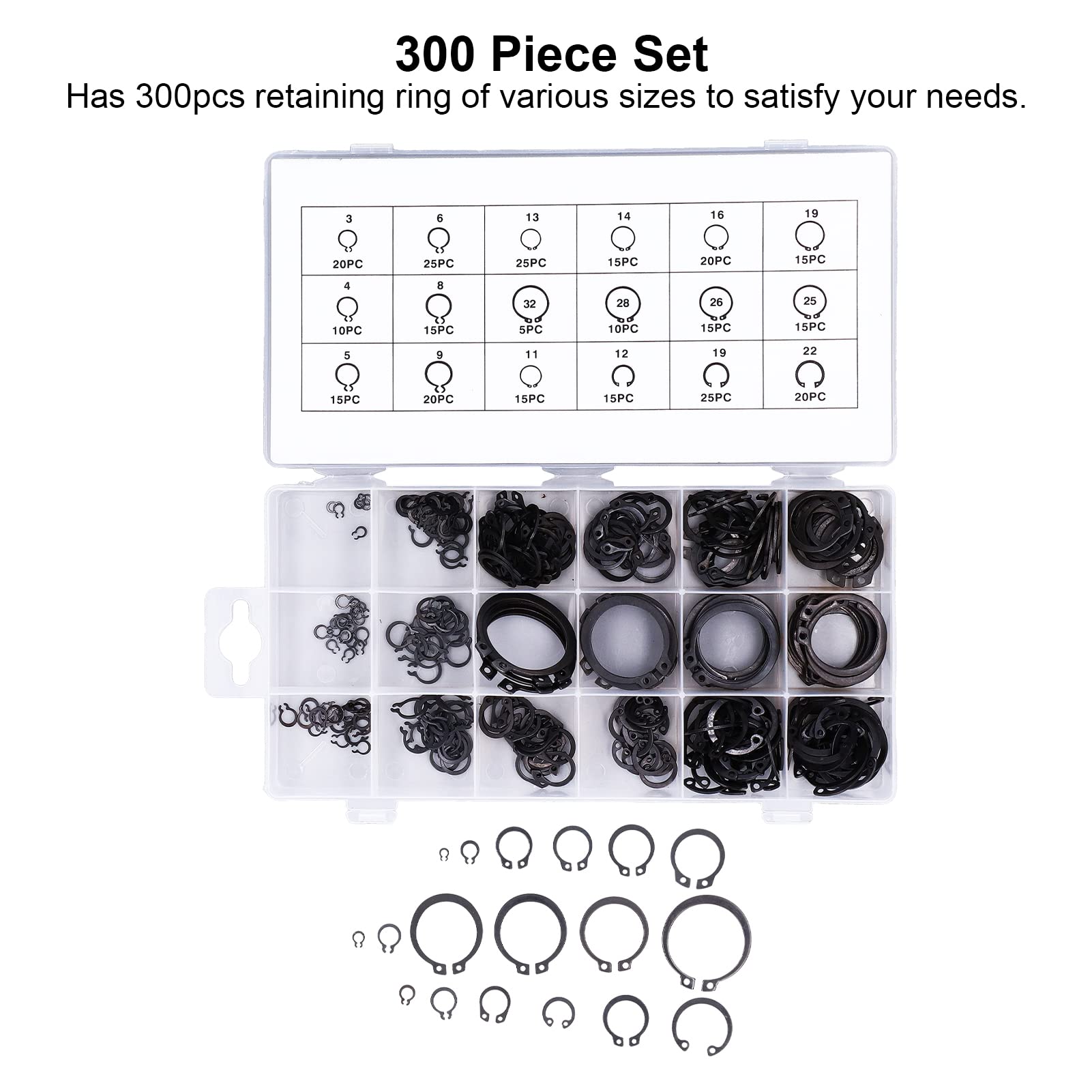300-Piece C Clamp & External Retaining Ring Assortment Kit - Durable Rubber & Alloy Steel Retaining Rings for Cylinders, Automotive Valves - Perfect for DIY Repairs, Machinery Maintenance & Industrial Applications