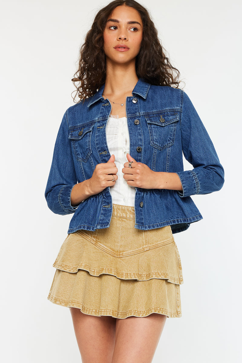 Marilou Peplum Denim Jacket for Women - Stylish Distressed Denim Coat with Ruffled Hem | Perfect for Casual Outings, Date Nights & Spring Layering