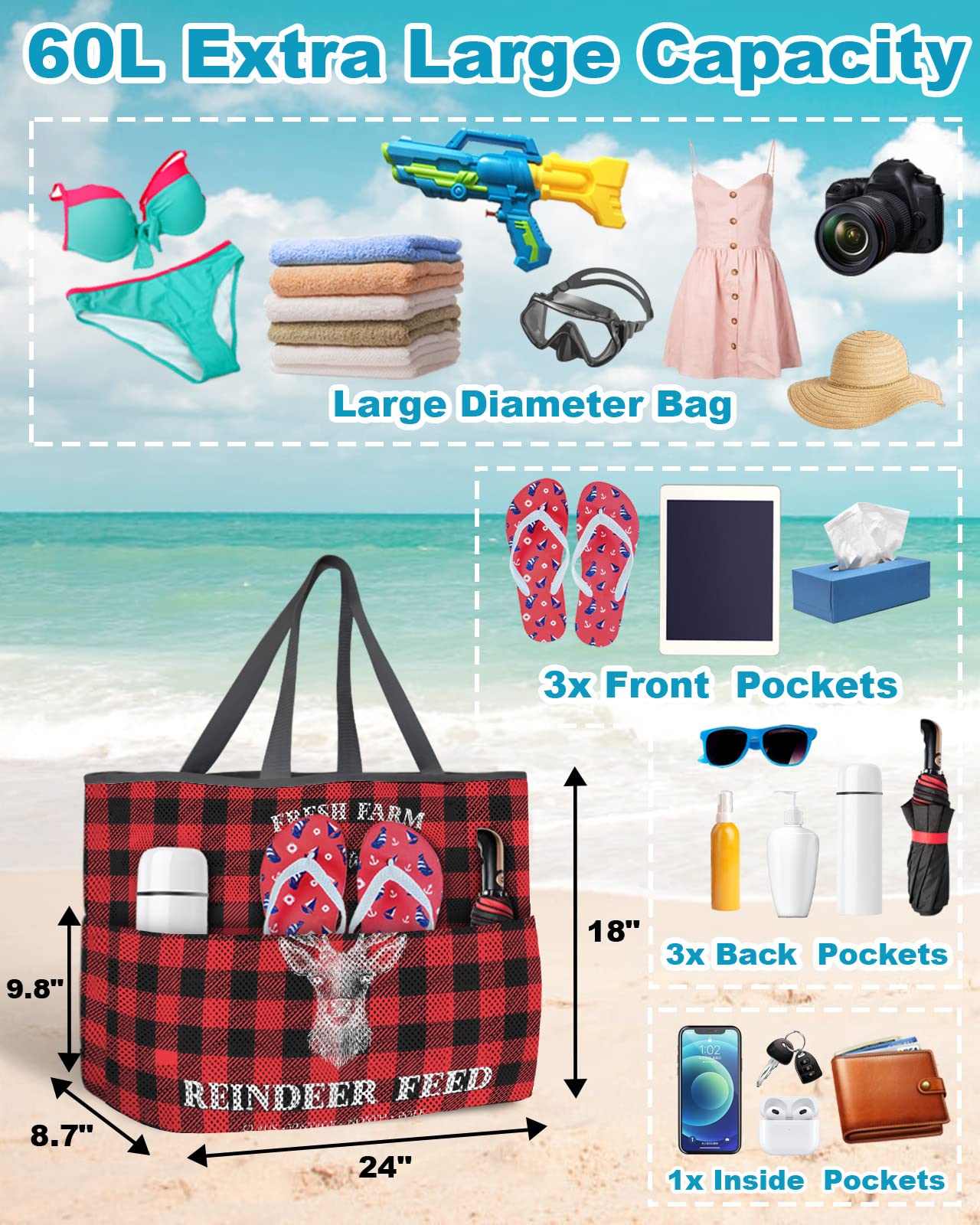 Red Elk Head Farm Christmas Reindeer Feed Beach Tote Bag for Women - Waterproof & Sandproof Black Red Plaid Mesh Beach Bag with Zipper & Pockets, Large Outdoor Picnic Swim Pool Handbag | Perfect for Beach Trips, Pool Parties & Summer Vacations