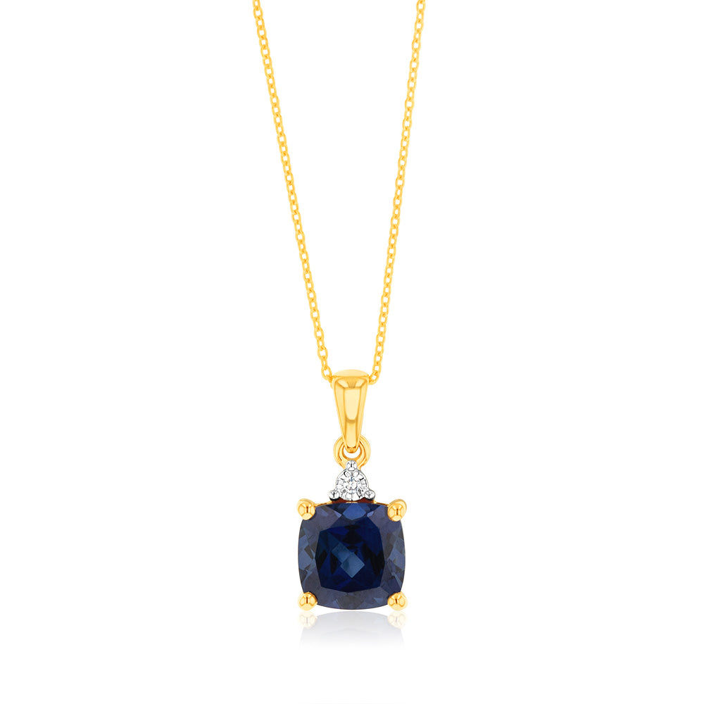 9ct Yellow Gold 2ct Created Blue Sapphire and Diamond Pendant Necklace with 45cm Chain - Elegant Jewelry Gift for Women, Perfect for Weddings, Anniversaries & Special Occasions
