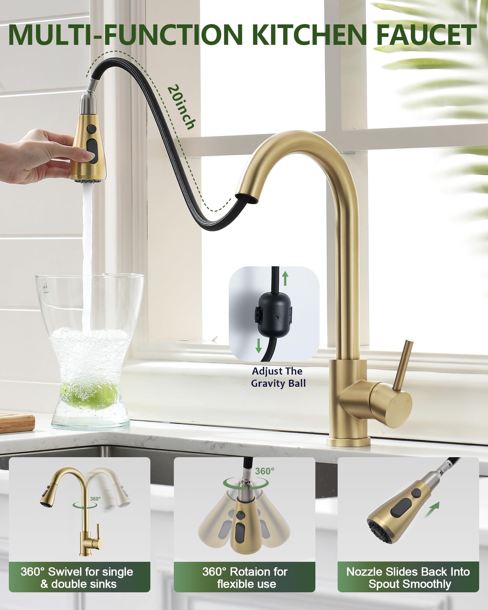 Premium Brushed Gold Single Hole Kitchen Faucet with Pull Down Sprayer - Stainless Steel Gooseneck Design for Modern Farmhouse, RV, Camper & Commercial Sinks - Perfect for Bar Prep, Dishwashing & Small Space Kitchens