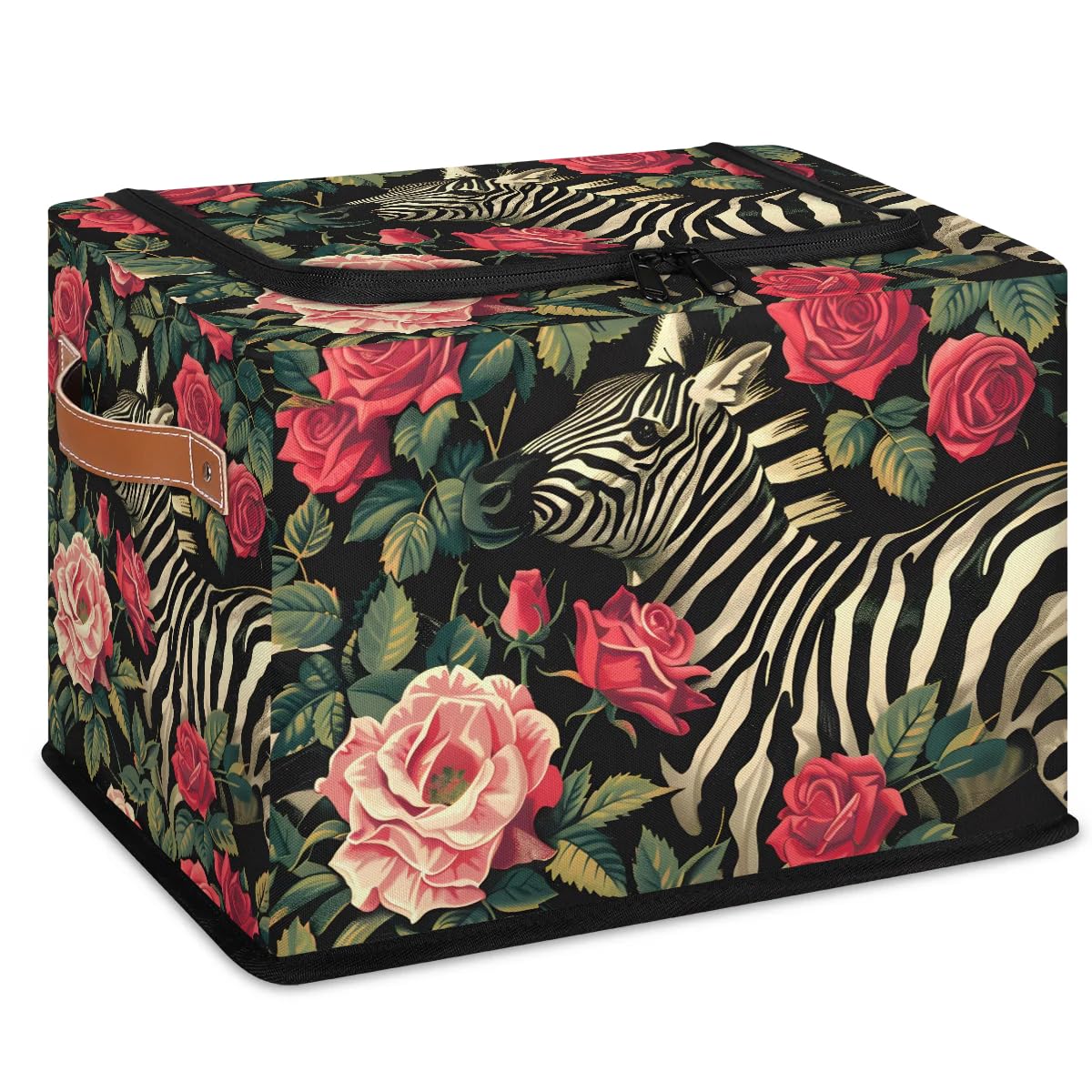 Rose Red Zebra Storage Bins with Zipper Lid - 2 Pack Stackable Storage Baskets with Metal Frame & PU Handles - Closet Organizer Cube for Clothes, Toys, or Blankets - Perfect for Bedroom, Nursery, or Office Storage Solutions