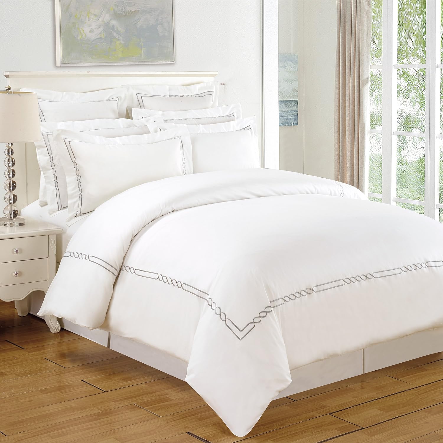 Lorenz Cotton Embroidered Duvet Cover Set - Queen Size, 3-Piece Luxury Bedding Set with Floral Design for Master Bedroom & Guest Room Decor
