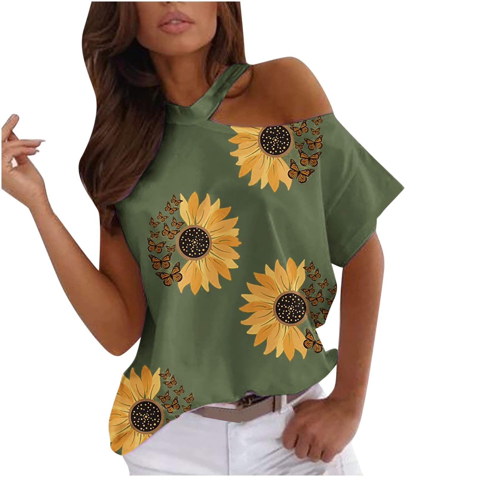 Ceimmol Women's Summer T-Shirts - Crossover Halter Neck Cold Shoulder Tops, Dressy Casual Printed Loose Fit Tee Shirt Blouses for Beach, Party & Everyday Wear